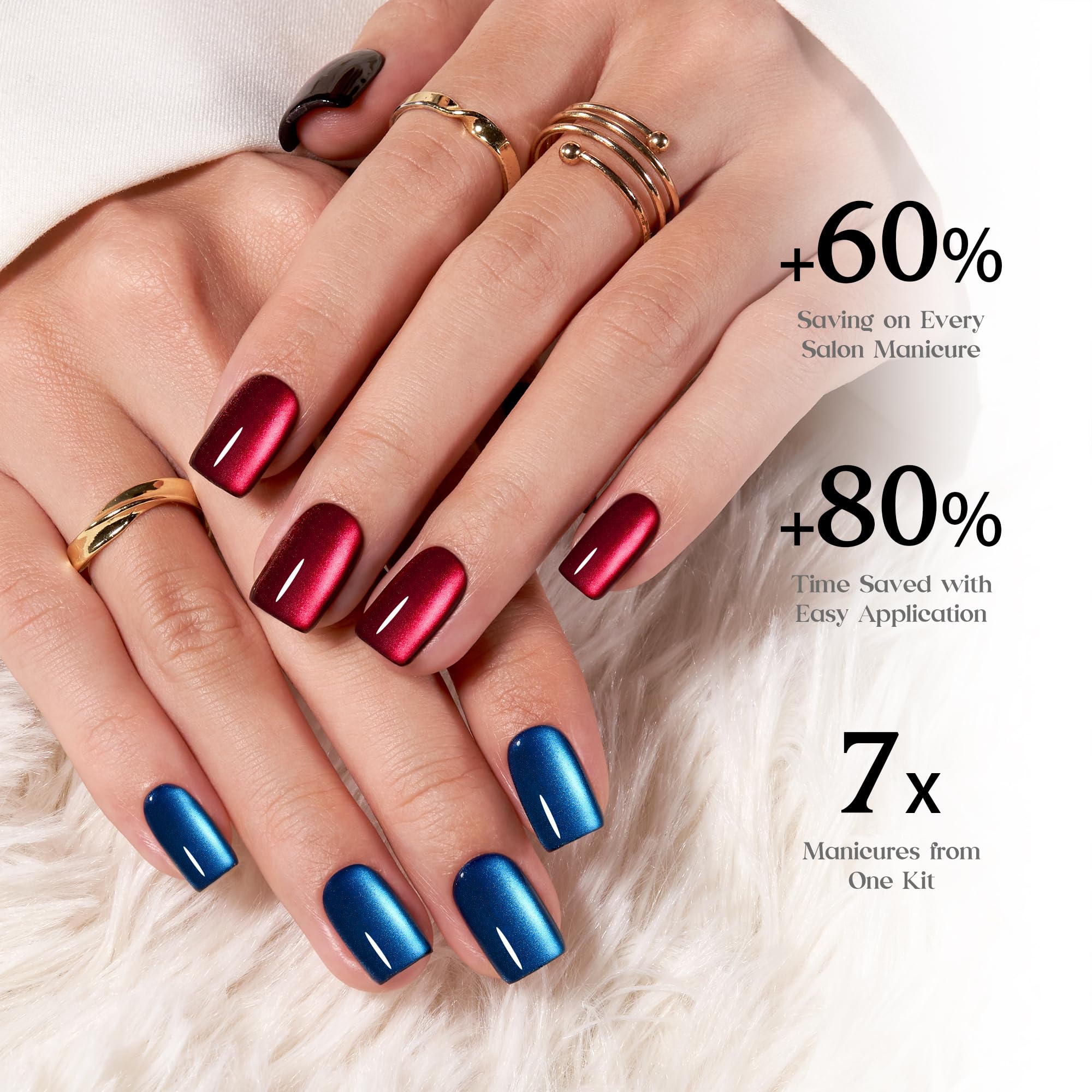 Beetles X Press Cat Eye Nails – 7 Colors, 16 Sizes, 224 Pcs | Short Square Press-On Nails
