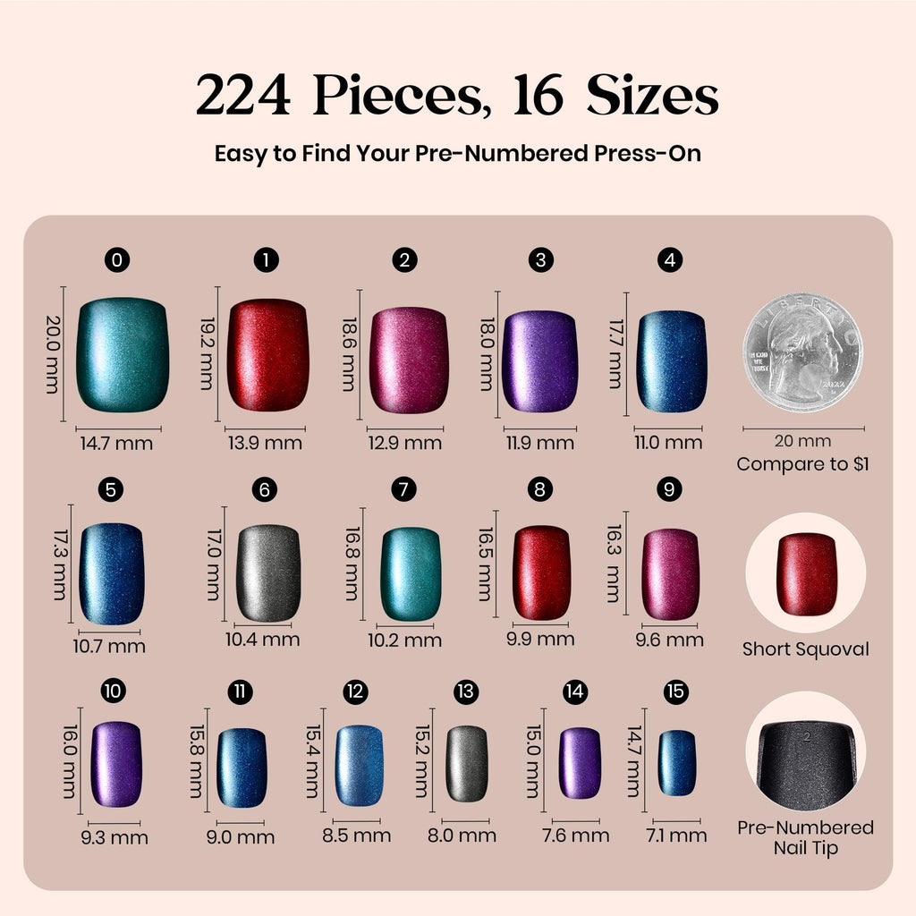 Beetles X Press Cat Eye Nails – 7 Colors, 16 Sizes, 224 Pcs | Short Square Press-On Nails