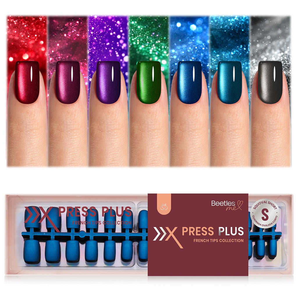 Beetles X Press Cat Eye Nails – 7 Colors, 16 Sizes, 224 Pcs | Short Square Press-On Nails