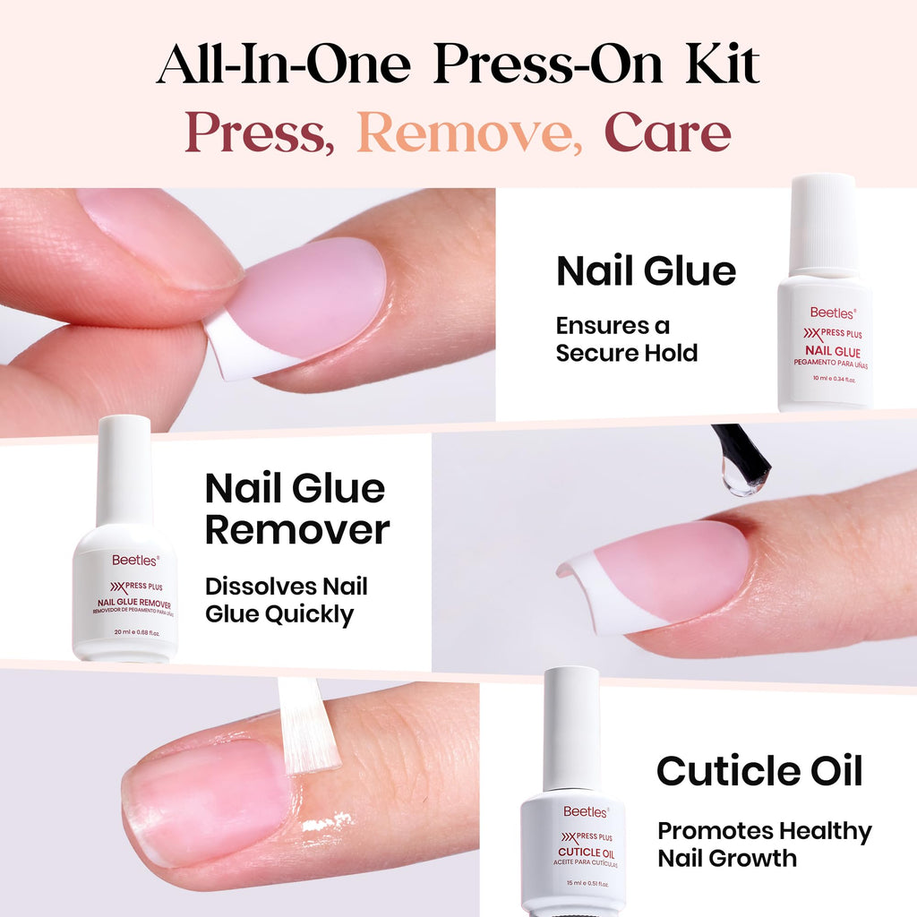 Beetles X Press Plus Gel Nails Kit – Pink French Tip Short Square Press-On Nails, 150 Pcs, All-In-One with Glue, Remover, Lamp