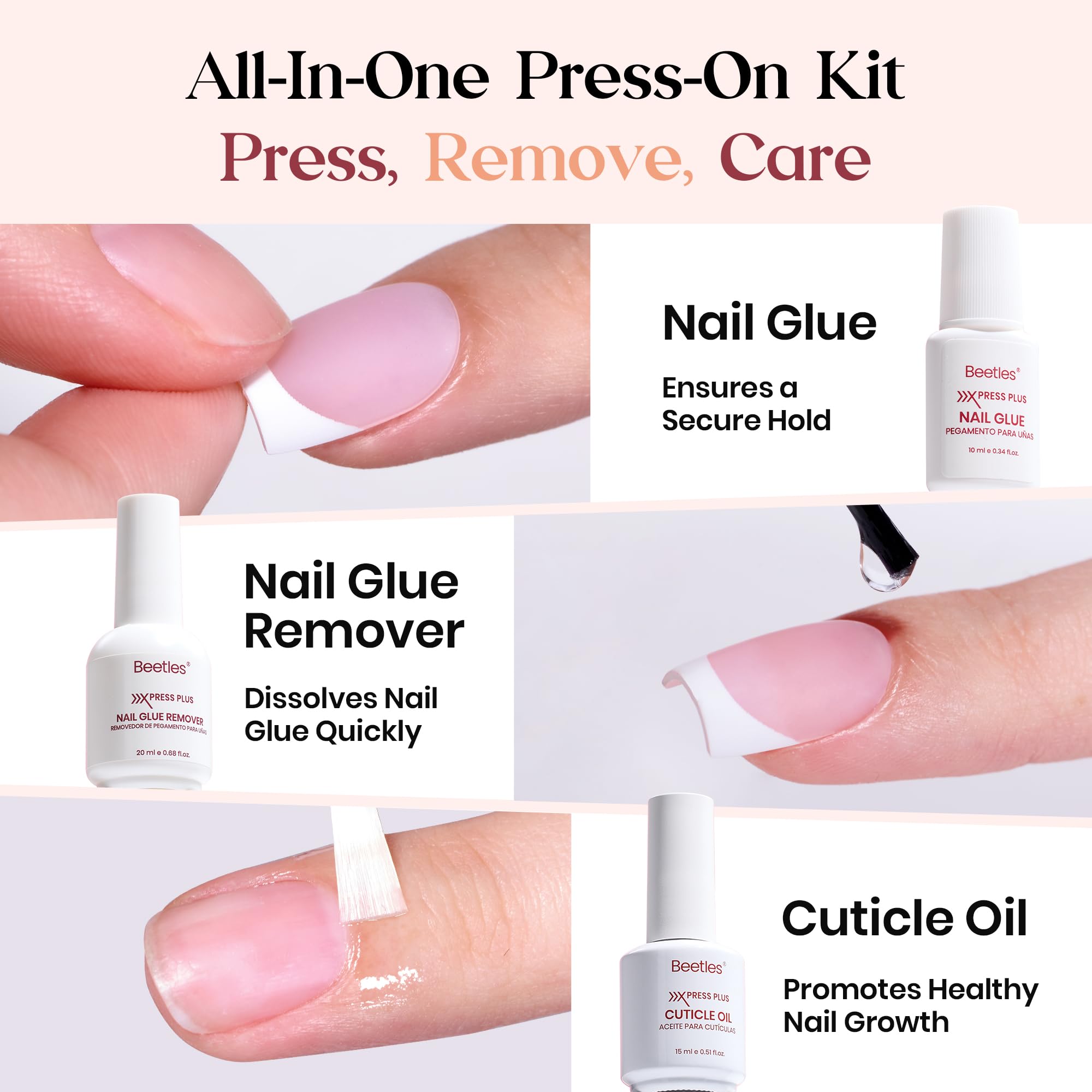 Beetles X Press Plus Gel Nails Kit – Pink French Tip Short Square Press-On Nails, 150 Pcs, All-In-One with Glue, Remover, Lamp