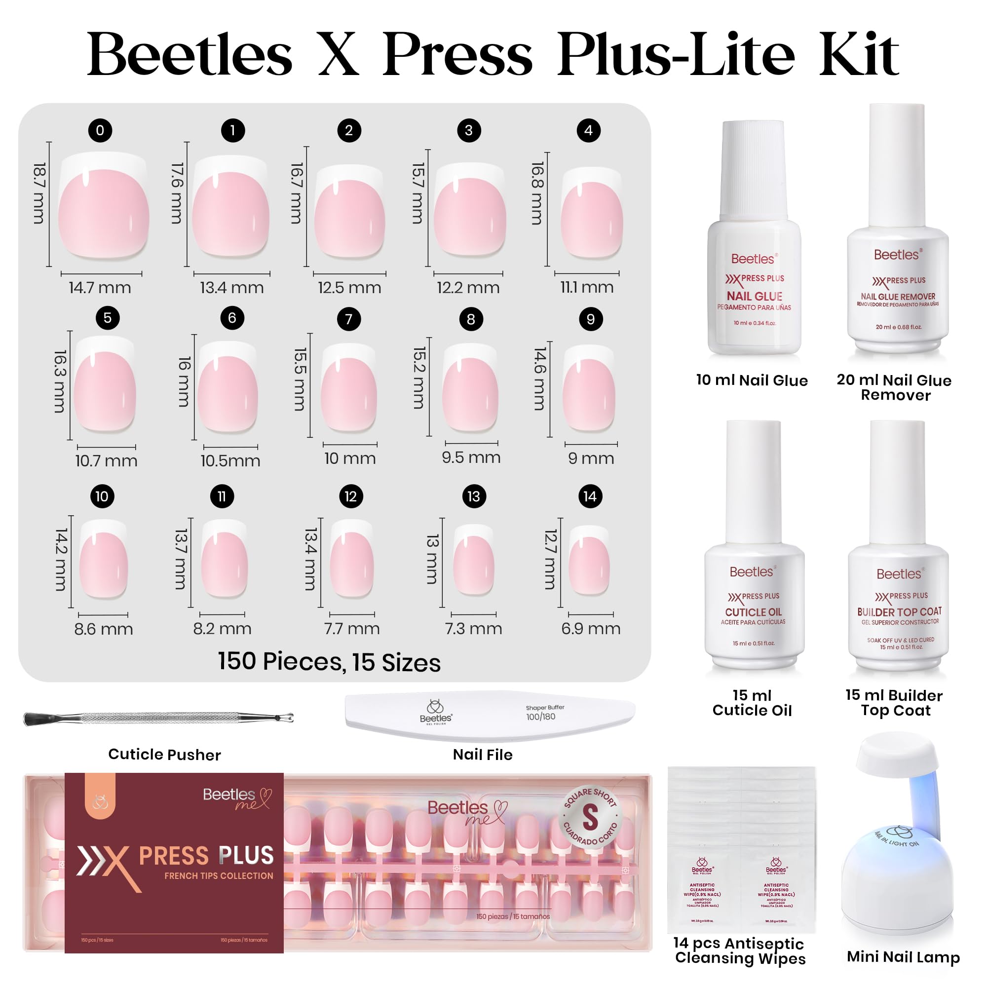 Beetles X Press Plus Gel Nails Kit – Pink French Tip Short Square Press-On Nails, 150 Pcs, All-In-One with Glue, Remover, Lamp
