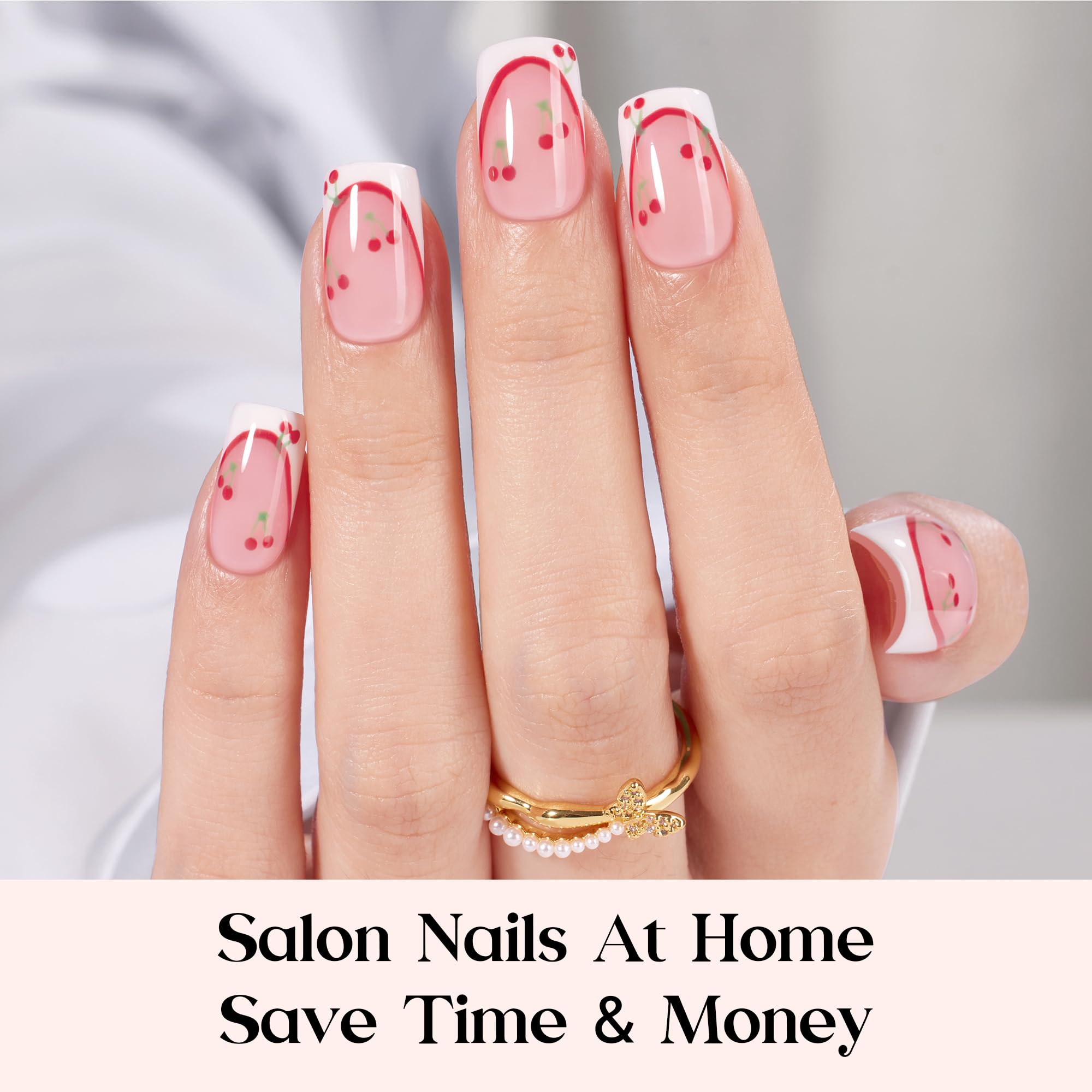 Beetles X Press Plus French Tip Nails – Camellia French, Pink Short Squoval | 224 Pcs, 16 Sizes