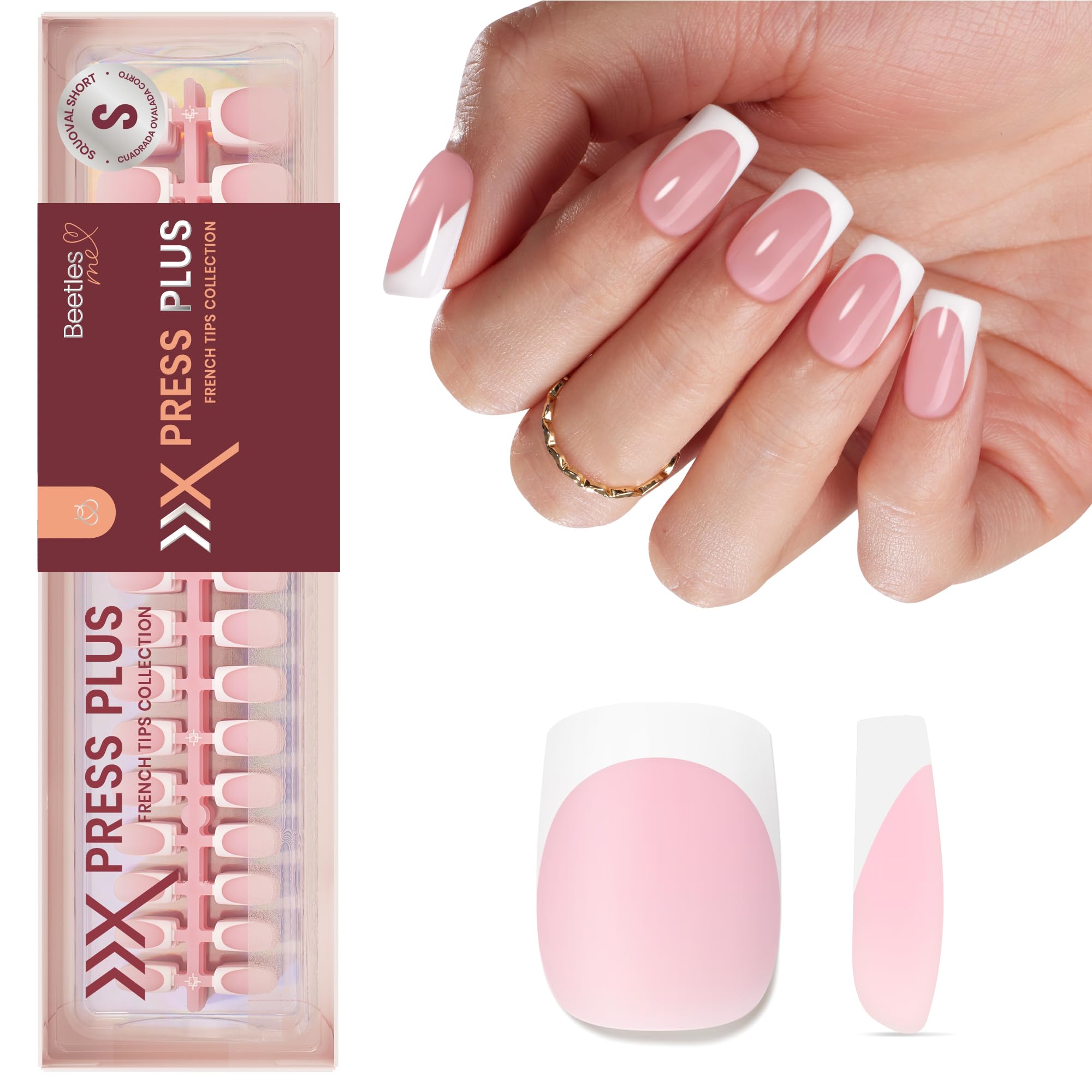 Beetles X Press Plus French Tip Nails – Camellia French, Pink Short Squoval | 224 Pcs, 16 Sizes