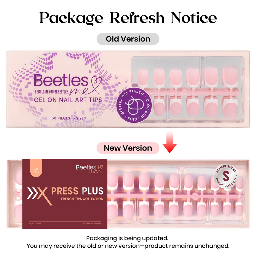Beetles X Press Plus French Tip Nails – Camellia French, Pink Short Squoval | 224 Pcs, 16 Sizes