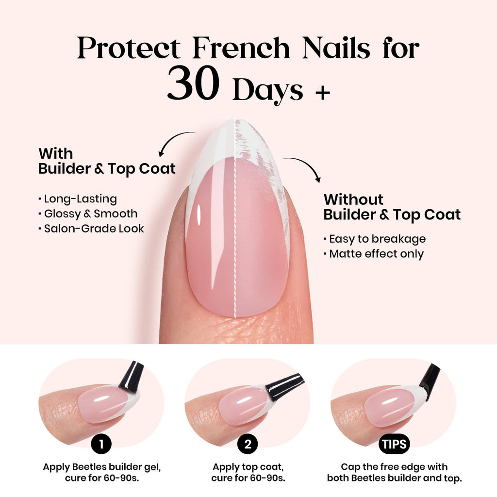 Beetles X Press Plus French Tip Nails – Camellia French, Pink Short Squoval | 224 Pcs, 16 Sizes