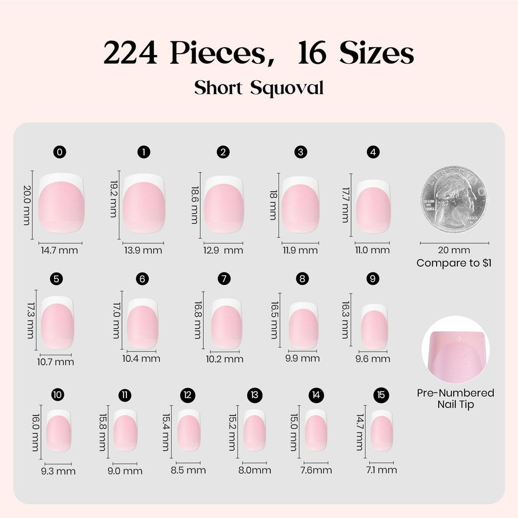 Beetles X Press Plus French Tip Nails – Camellia French, Pink Short Squoval | 224 Pcs, 16 Sizes