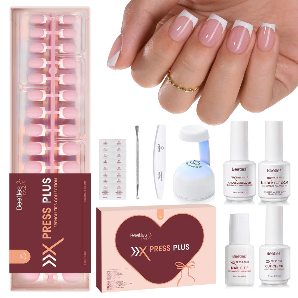 Beetles X Press Plus Gel Nails Kit – Pink French Tip Short Square Press-On Nails, 150 Pcs, All-In-One with Glue, Remover, Lamp