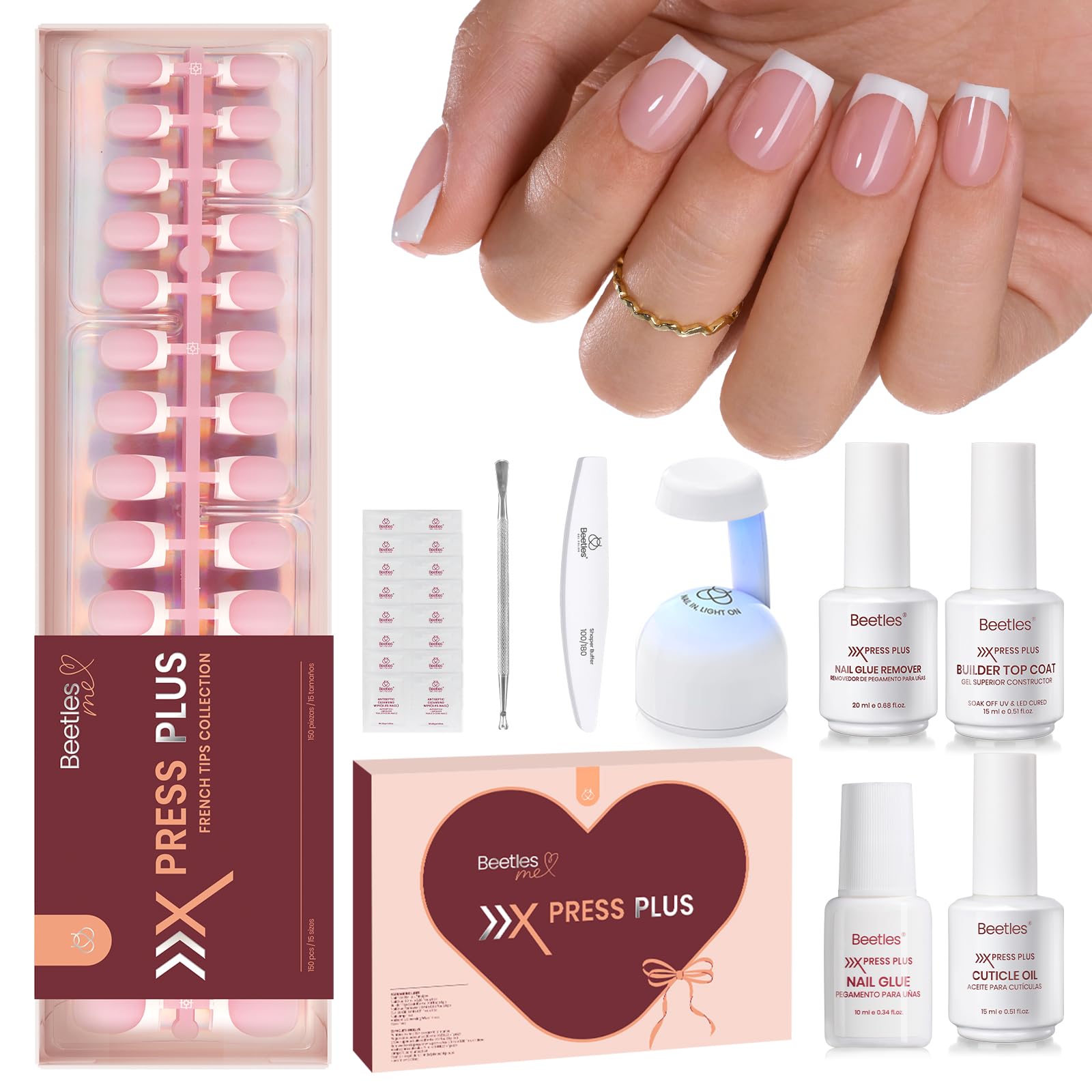 Beetles X Press Plus Gel Nails Kit – Pink French Tip Short Square Press-On Nails, 150 Pcs, All-In-One with Glue, Remover, Lamp