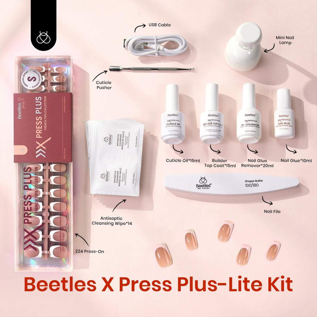 Beetles X Press Gel Nail Kit: 224 French Tip Press-On Nails + Mini UV Lamp | All-in-One DIY Manicure