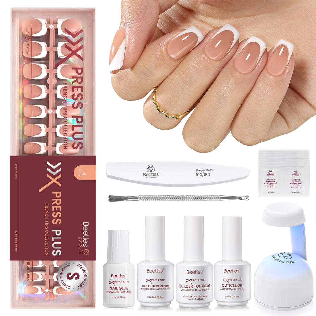 Beetles X Press Gel Nail Kit: 224 French Tip Press-On Nails + Mini UV Lamp | All-in-One DIY Manicure