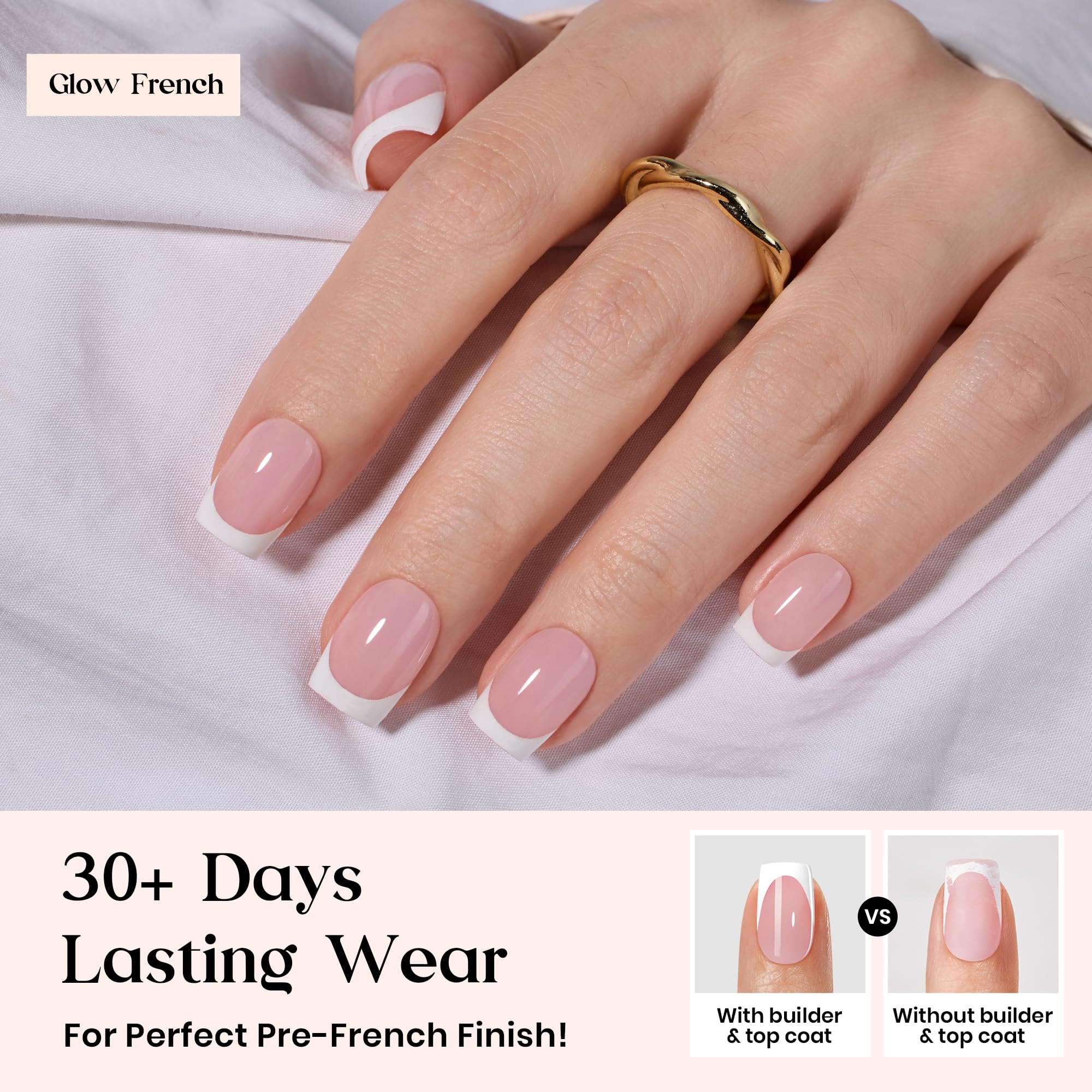 Beetles X Press Plus Gel Nails Kit – Pink French Tip Short Square Press-On Nails, 150 Pcs, All-In-One with Glue, Remover, Lamp