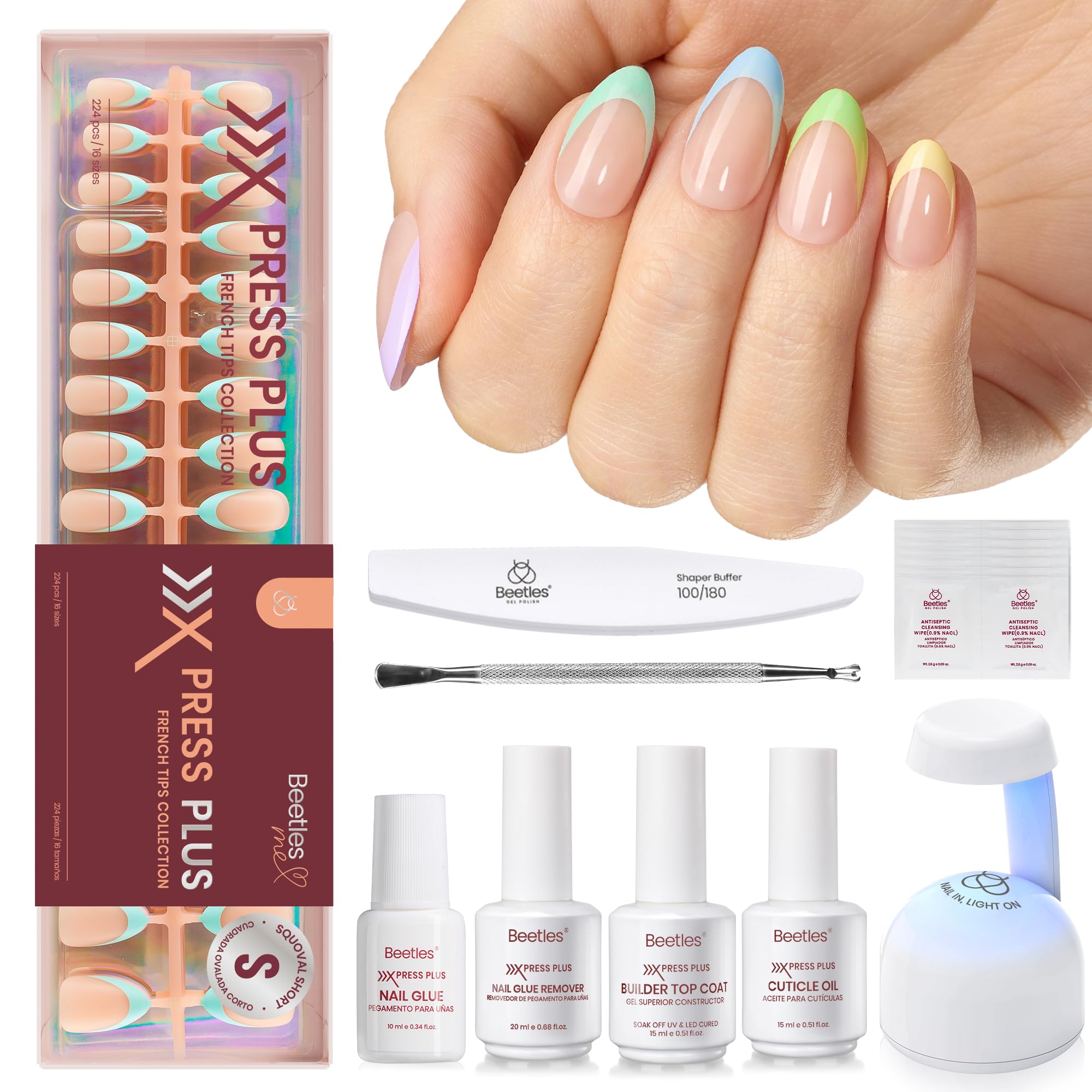 Beetles X Press Plus French Tips Press On Nails – 224 Pcs Pastel Short Almond Kit