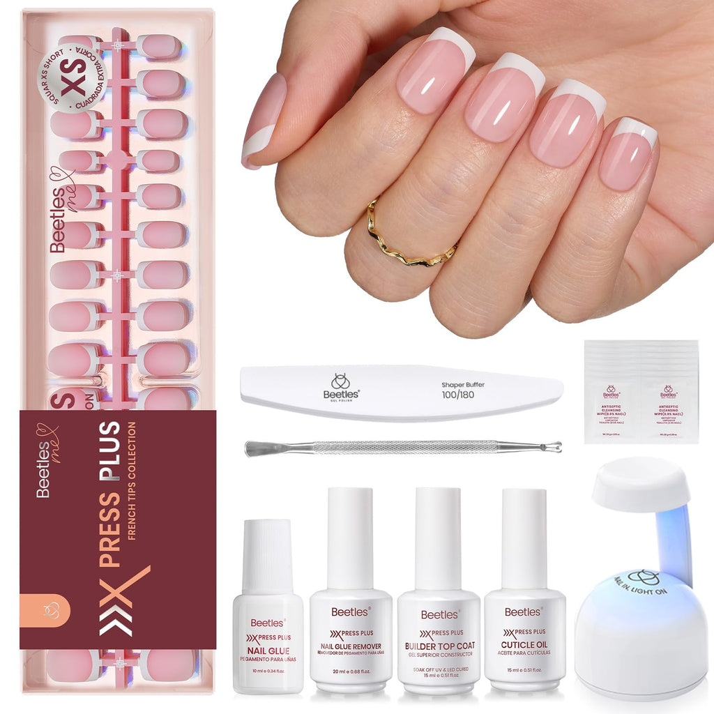 Beetles X Press Plus Gel Nails Kit – Peach French & Pink Extra Short Square Tips (210 Pcs All-in-One)