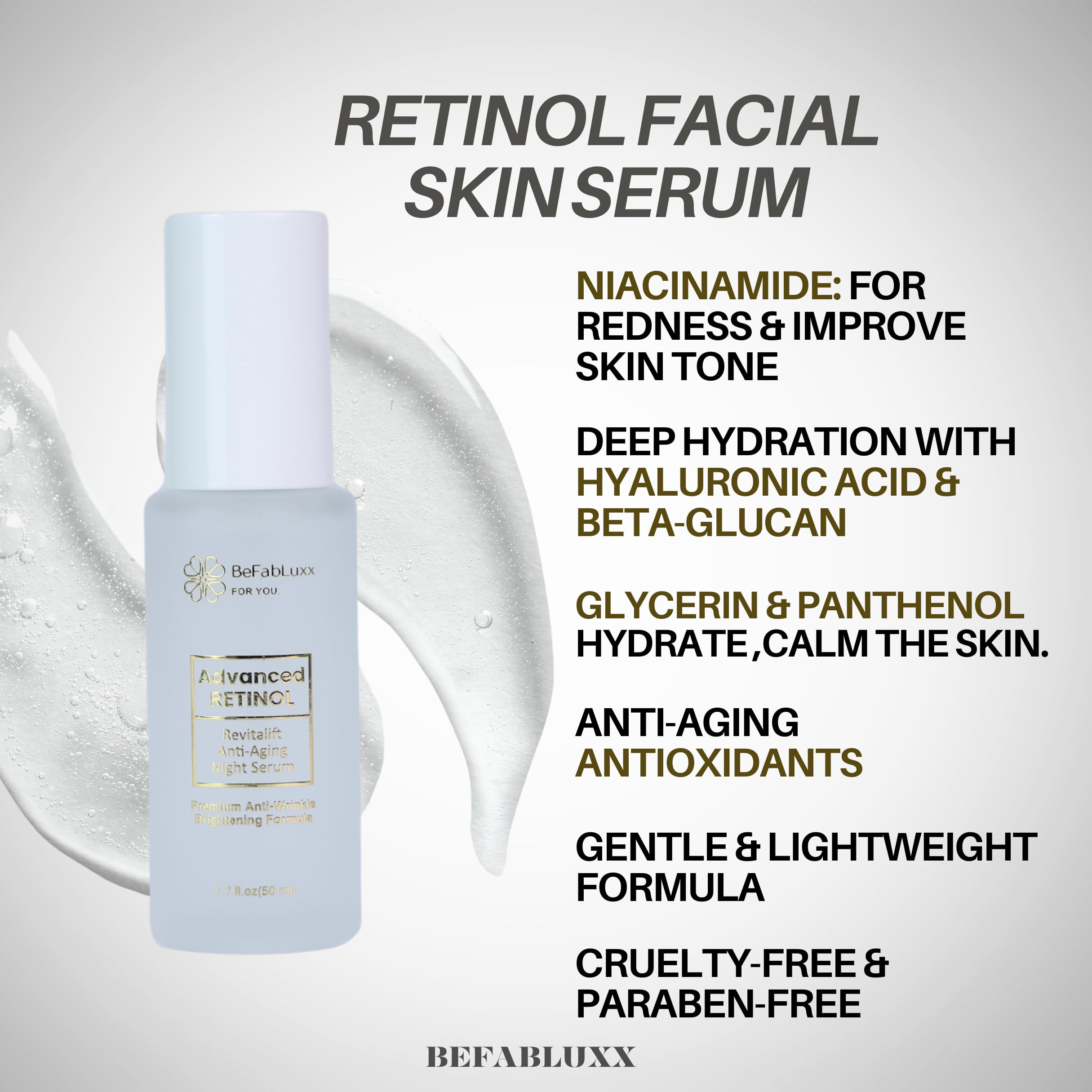 BeFabLuxx Advanced Retinol Serum – Night Anti-Aging Serum for Face & Neck with Hyaluronic, Niacinamide & Collagen
