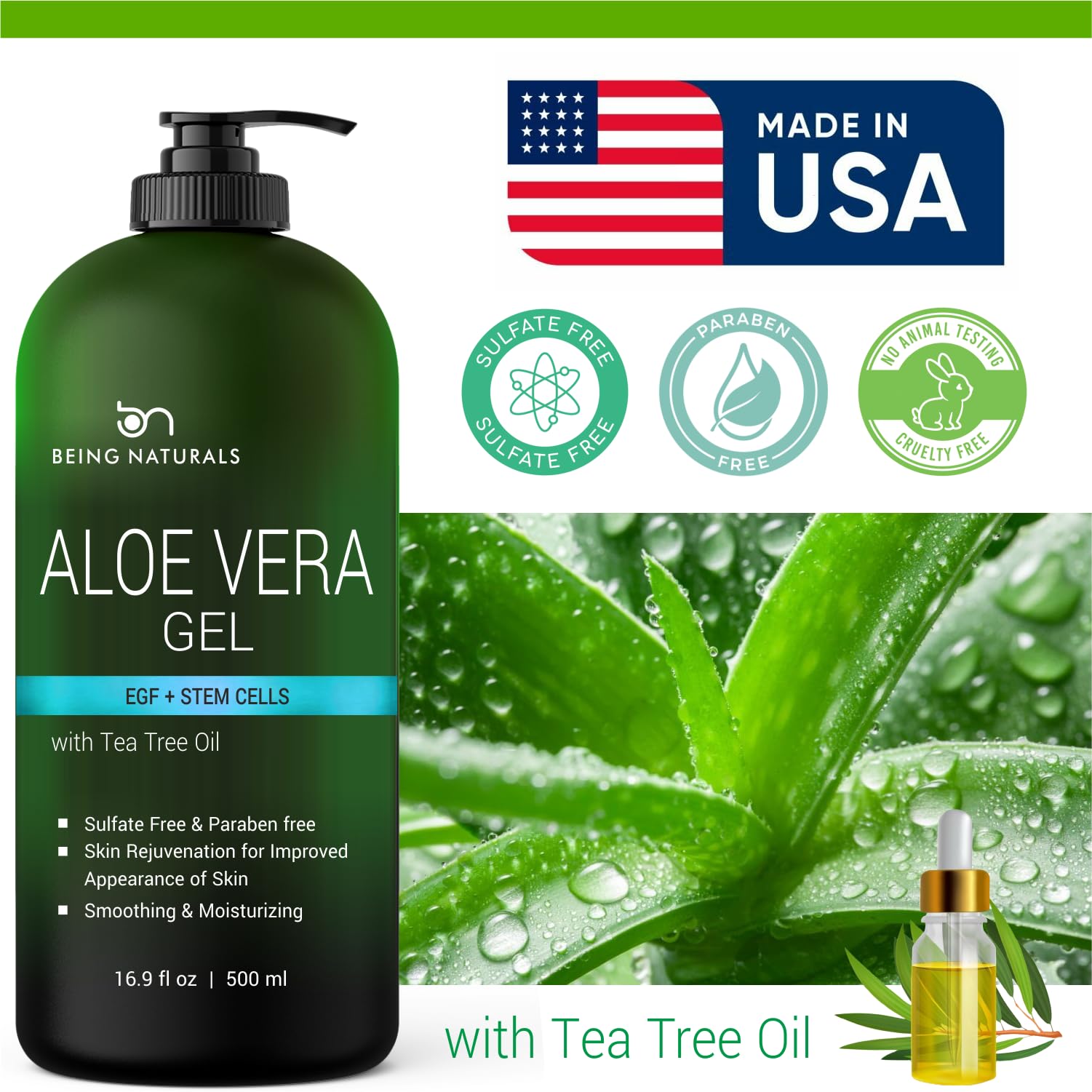 Being Naturals Aloe Vera Gel – 100% Pure Organic Aloe, EGF, Rosemary Oil (16.9 oz)