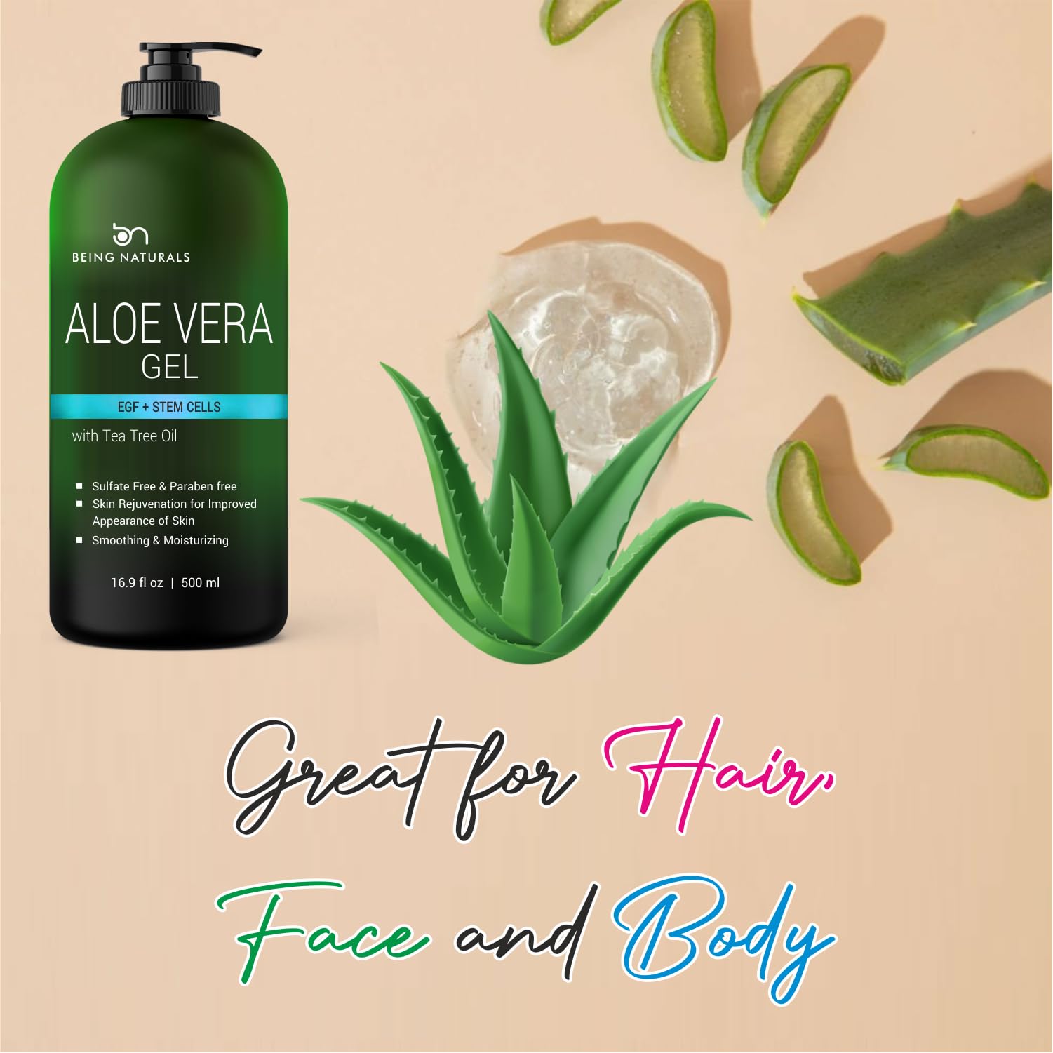 Being Naturals Aloe Vera Gel – 100% Pure Organic Aloe, EGF, Rosemary Oil (16.9 oz)