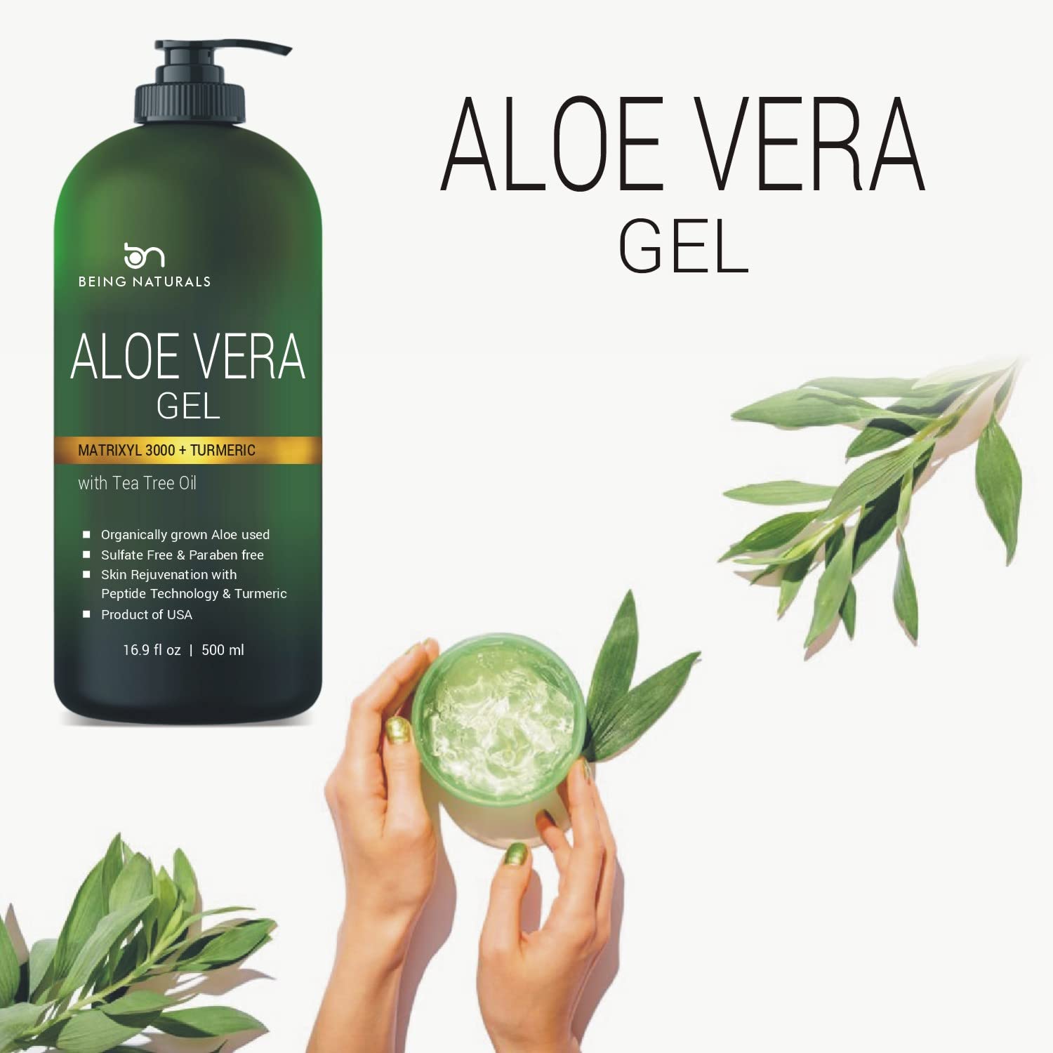 Being Naturals Aloe Vera Gel – Pure Organic Moisturizer with Matrixyl 3000 & Turmeric (16.9 oz)