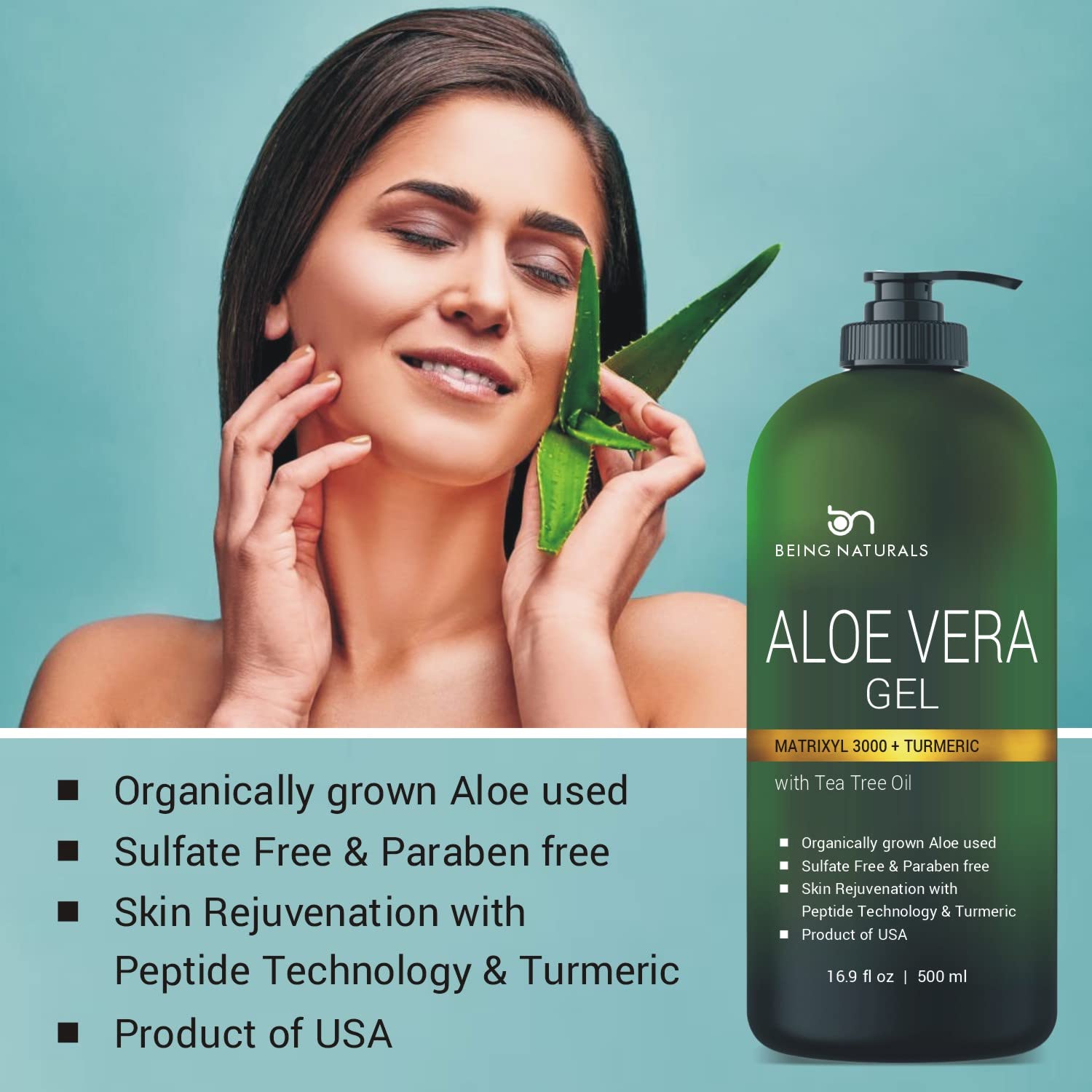 Being Naturals Aloe Vera Gel – Pure Organic Moisturizer with Matrixyl 3000 & Turmeric (16.9 oz)