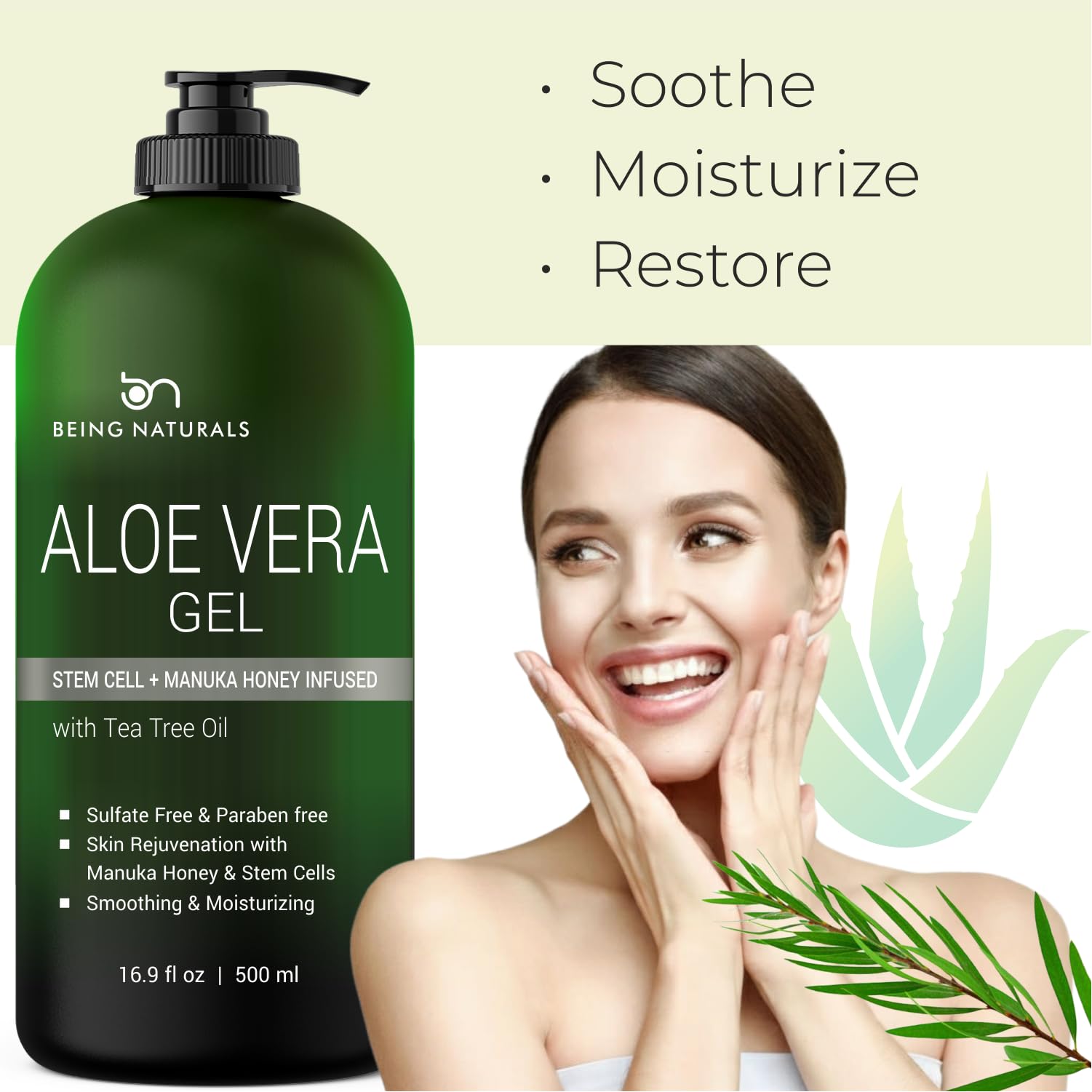 Being Naturals Aloe Vera Gel – 100% Pure Organic Aloe, Manuka Honey, Stem Cells, Tea Tree Oil | 16.9 oz