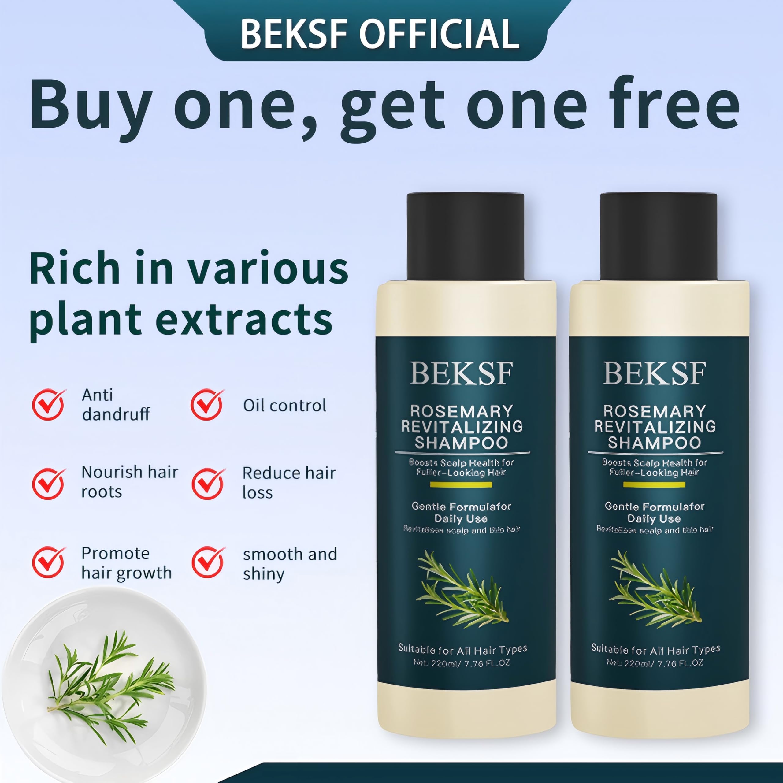 BEKSF Rosemary Shampoo: Balance Oily Scalp, Deep Cleanse, Color-Safe and Sulfate-Free