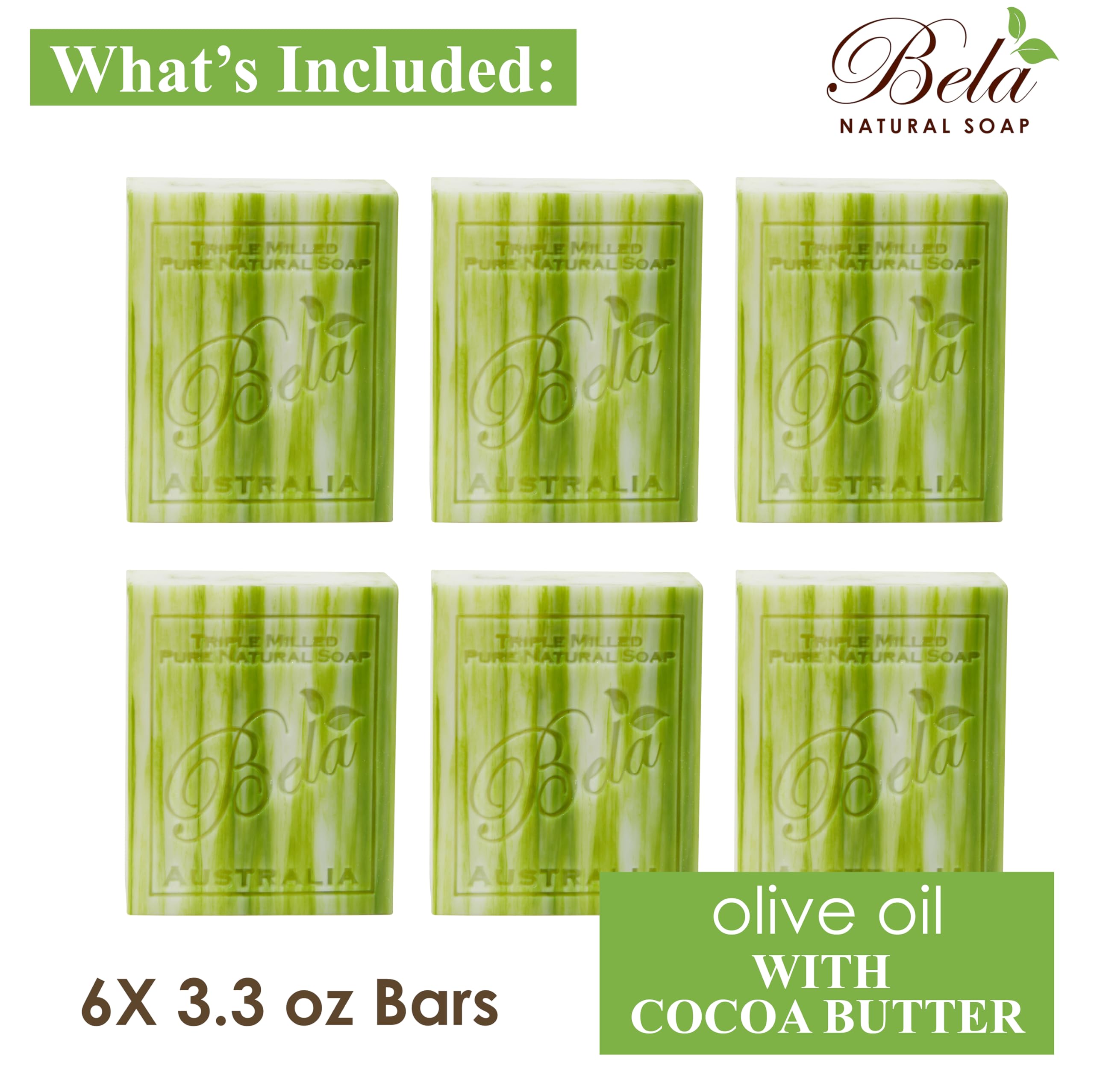 BELA Olive Oil & Cocoa Butter Soap – 3.3 oz, Pack of 6 | French Triple Milled, Organic Shea Butter, Made in Australia