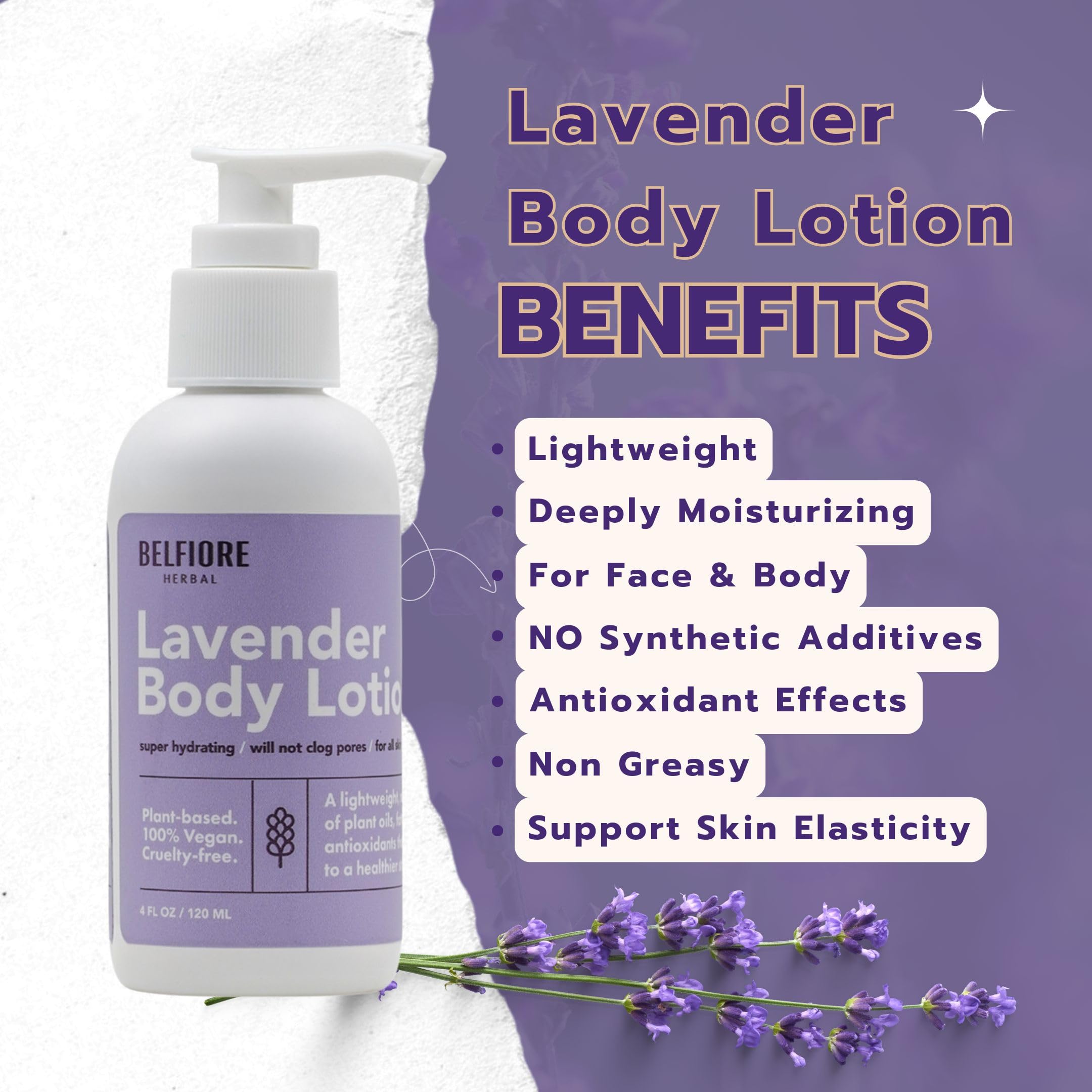 Belfiore Herbal Lavender Body Lotion – 100% Natural, Vegan, Made in USA (4 oz)