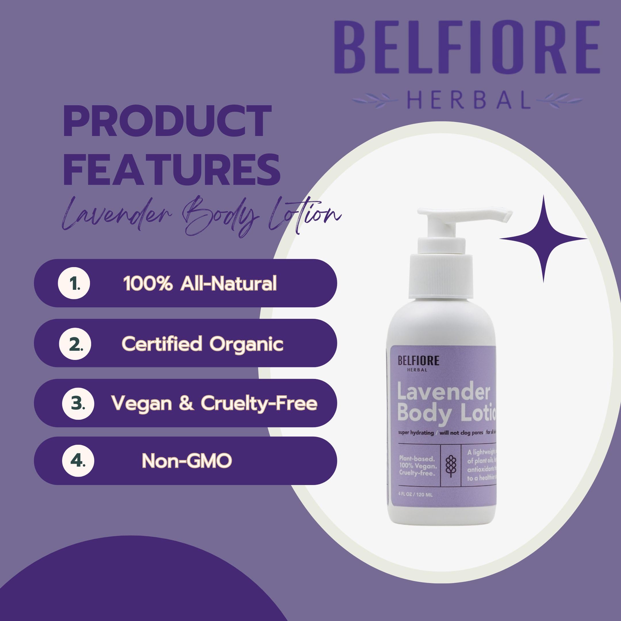 Belfiore Herbal Lavender Body Lotion – 100% Natural, Vegan, Made in USA (4 oz)