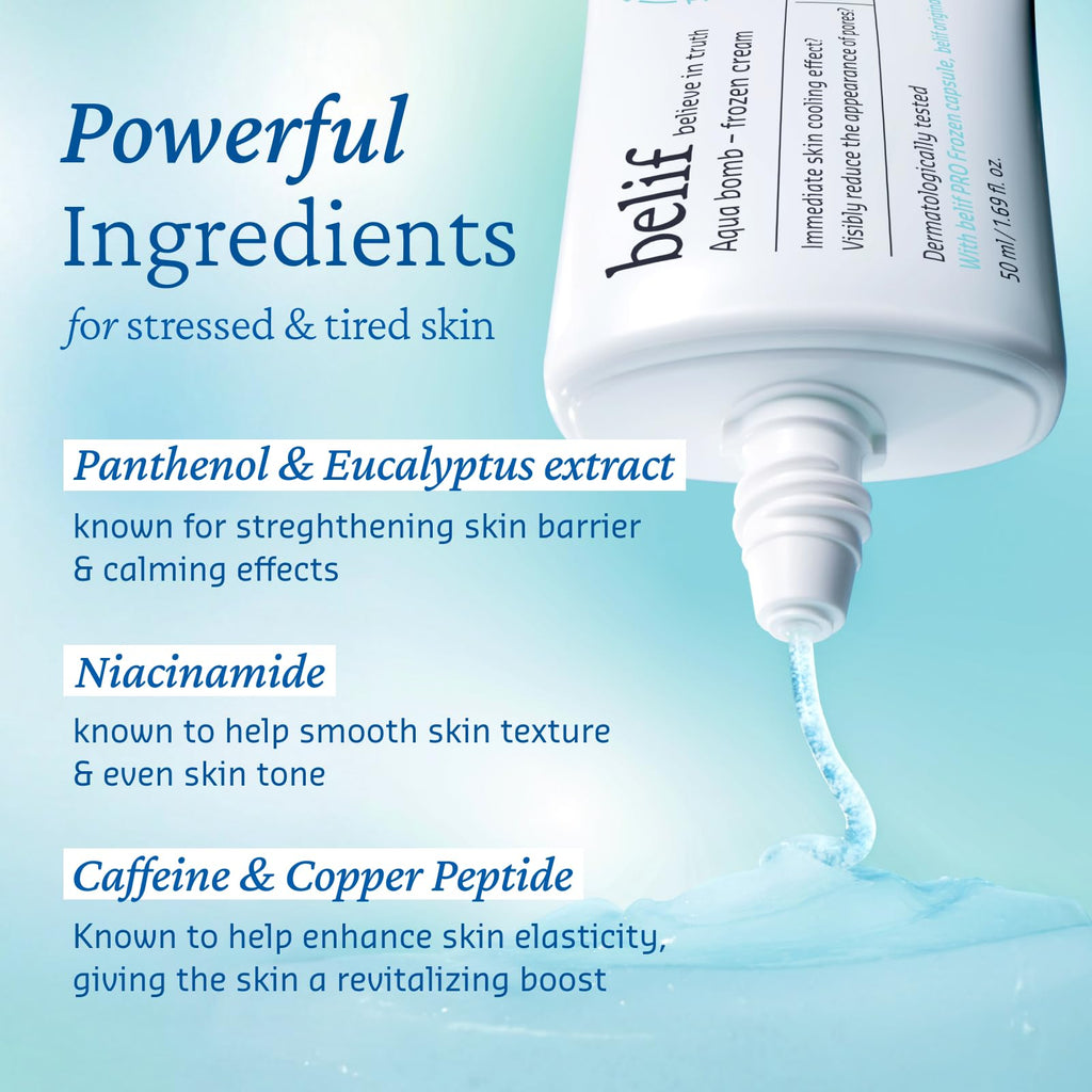 belif Aqua Bomb Cooling Relief Cream – Lightweight Hydration with Panthenol & Niacinamide