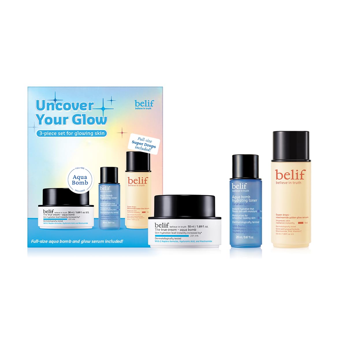 belif Gift Set – Aqua Bomb Moisturizer, Niacinamide Golden Glow Serum & Hydrating Toner | All Skin Types