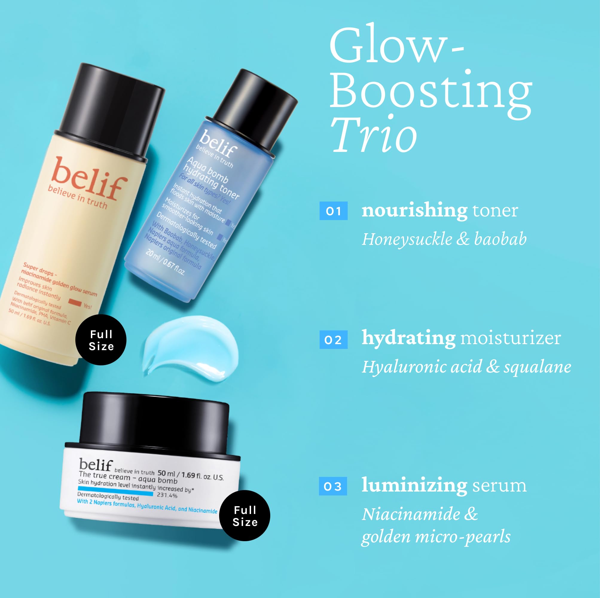 belif Gift Set – Aqua Bomb Moisturizer, Niacinamide Golden Glow Serum & Hydrating Toner | All Skin Types
