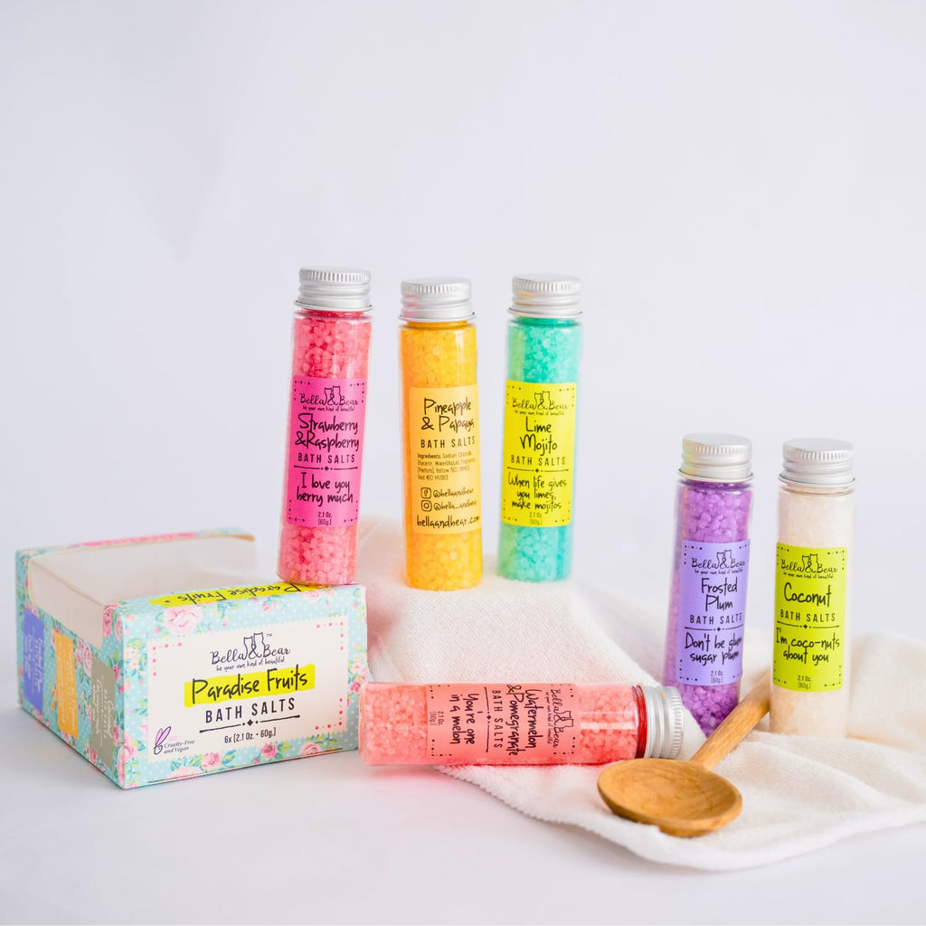 Bella & Bear Paradise Fruits Bath Salts – Pack of 6, 2oz Each | Fruity Foot Soak Gift
