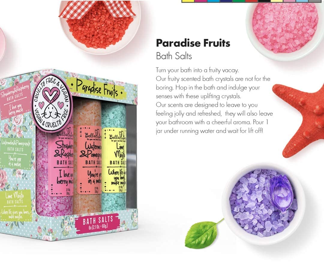 Bella & Bear Paradise Fruits Bath Salts – Pack of 6, 2oz Each | Fruity Foot Soak Gift