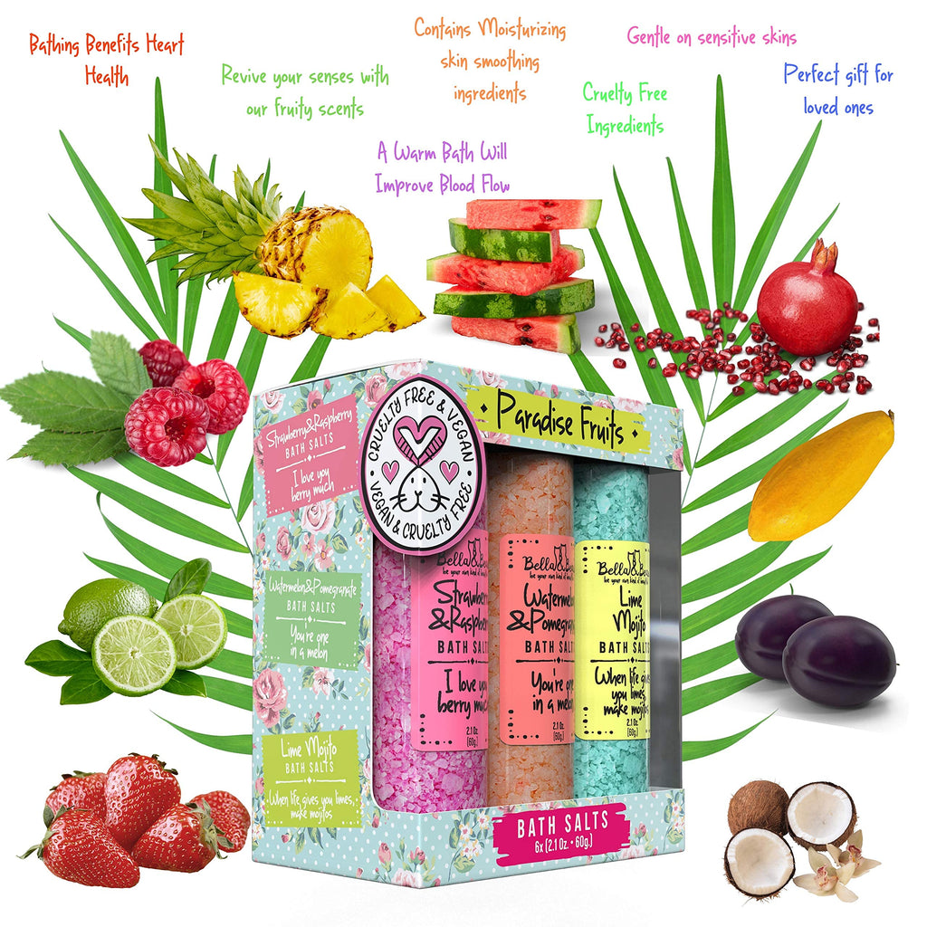 Bella & Bear Paradise Fruits Bath Salts – Pack of 6, 2oz Each | Fruity Foot Soak Gift