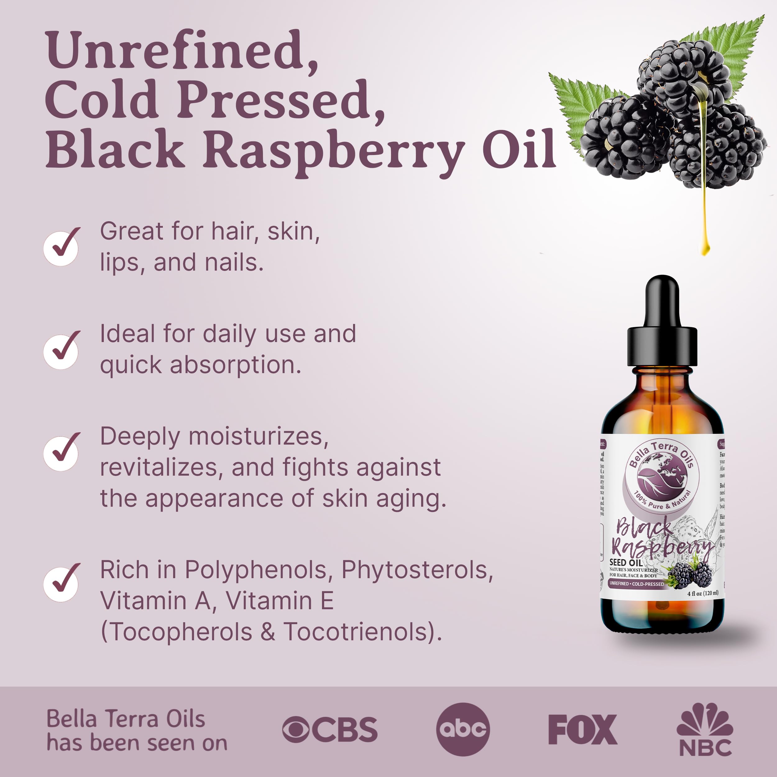 Bella Terra Oils - Black Raspberry Seed Oil 8oz - Embrace the Cosmetic Wonder of Raspberry Seed & Black Seed Oil Fusion, Replete with Tocopherols & Tocotrienols