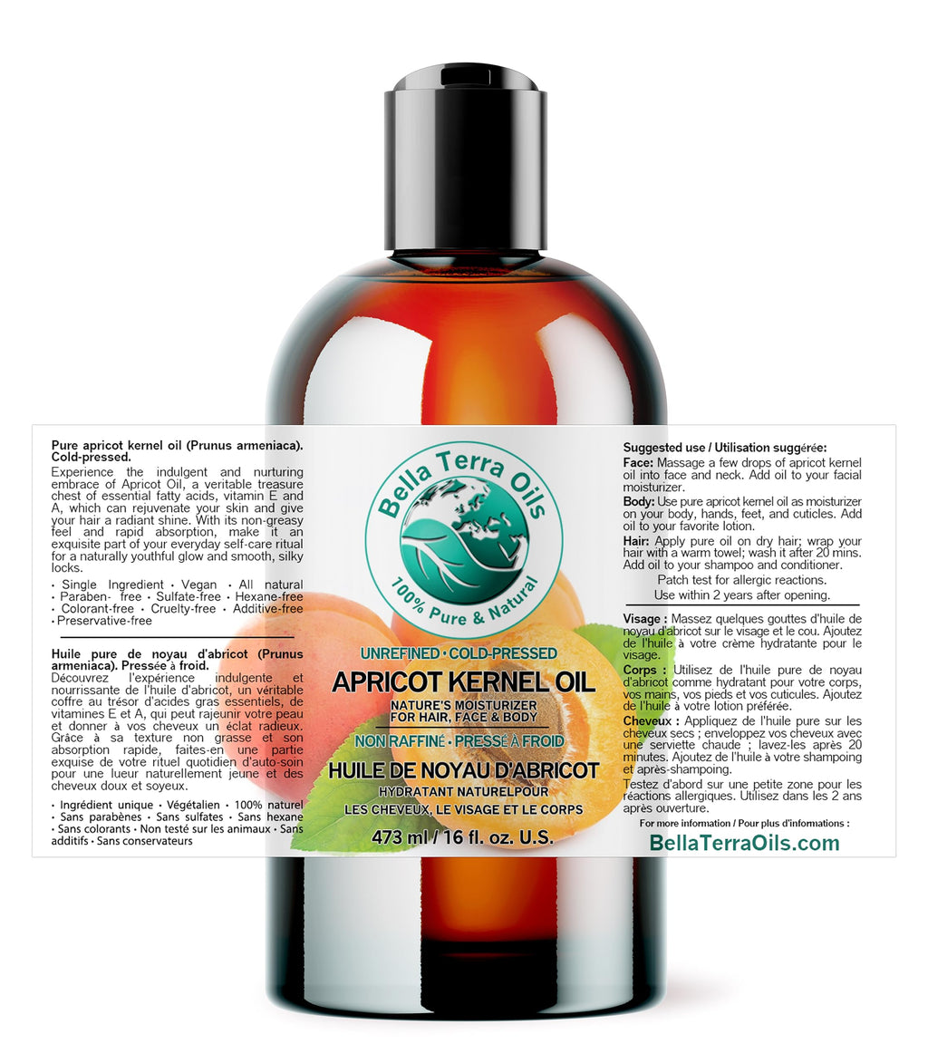 Bella Terra Oils - Organic Apricot Kernel Oil 16 oz | Cold-Pressed Carrier Oil for Skincare & Essential Oils