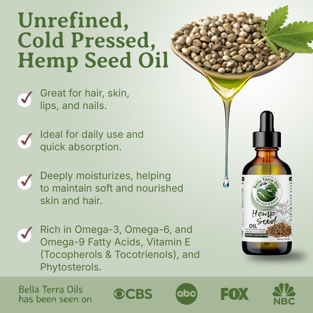 Bella Terra Oils Hemp Seed Oil 16oz – Pure, Cold-Pressed Essential Fatty Acids & Nutrients