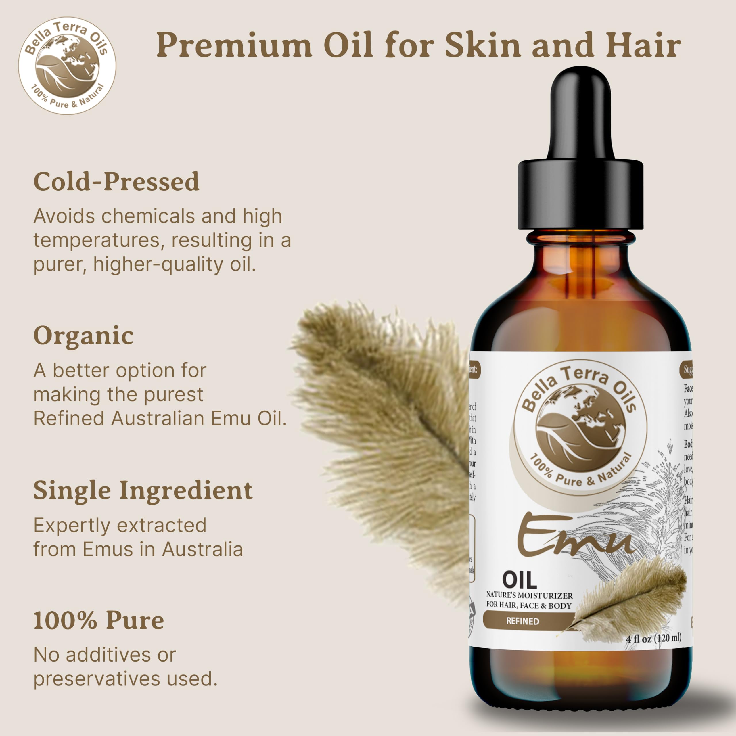 Bella Terra Oils Emu Oil 4oz – Pure Australian Elixir for Skin & Hair Care