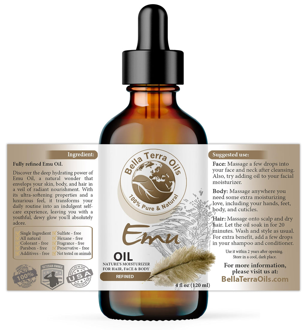 Bella Terra Oils Emu Oil 4oz – Pure Australian Elixir for Skin & Hair Care