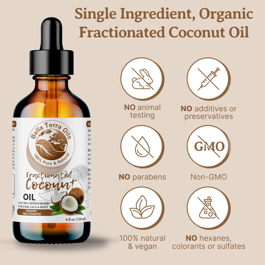 Bella Terra Oils - Organic Fractionated Coconut Oil (MCT) 4oz | Pure Coconut Essence, Rich in Capric & Lauric Acids