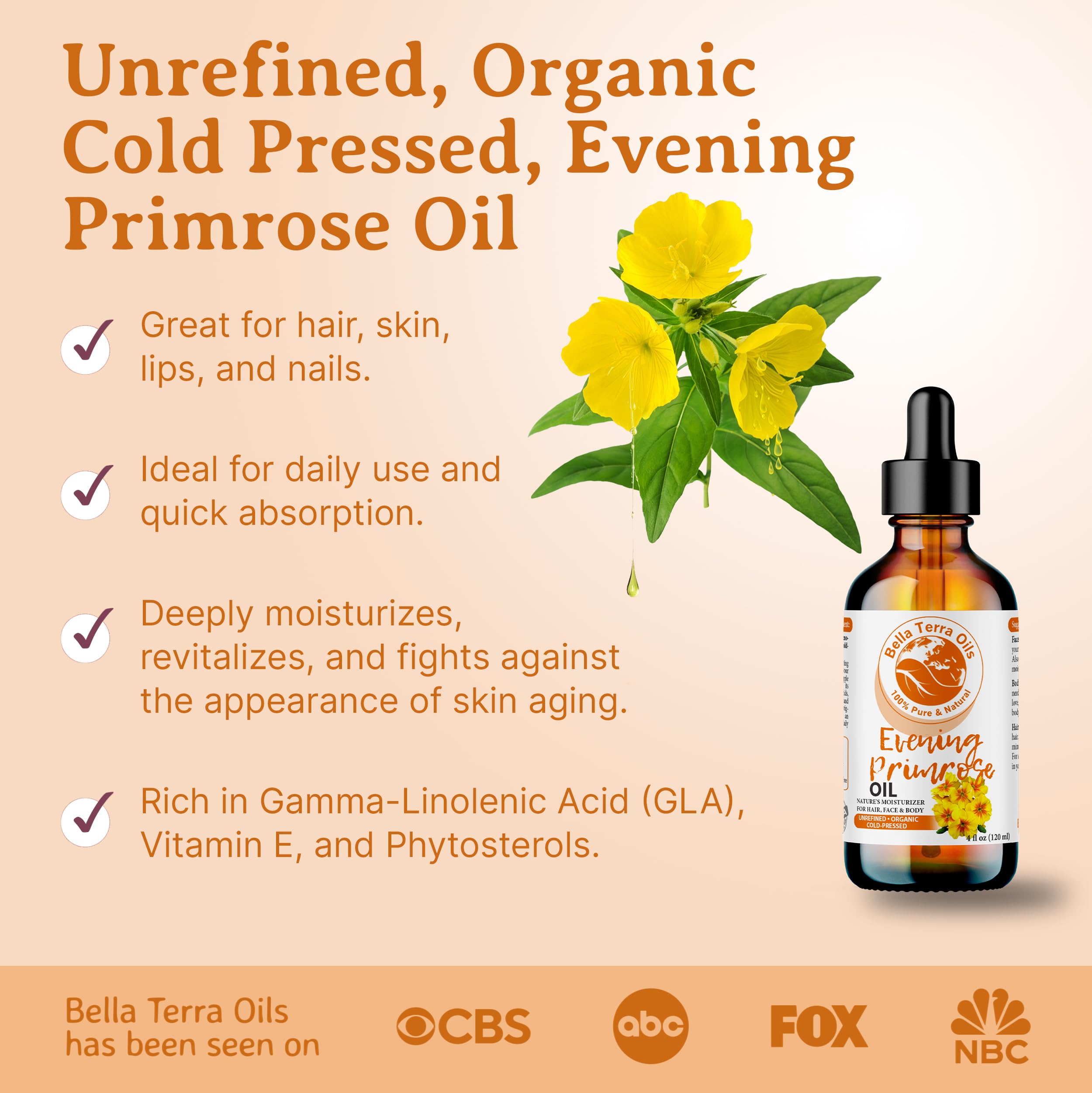 Bella Terra Oils Organic Evening Primrose Oil 8 oz | Pure Primrose with GLA