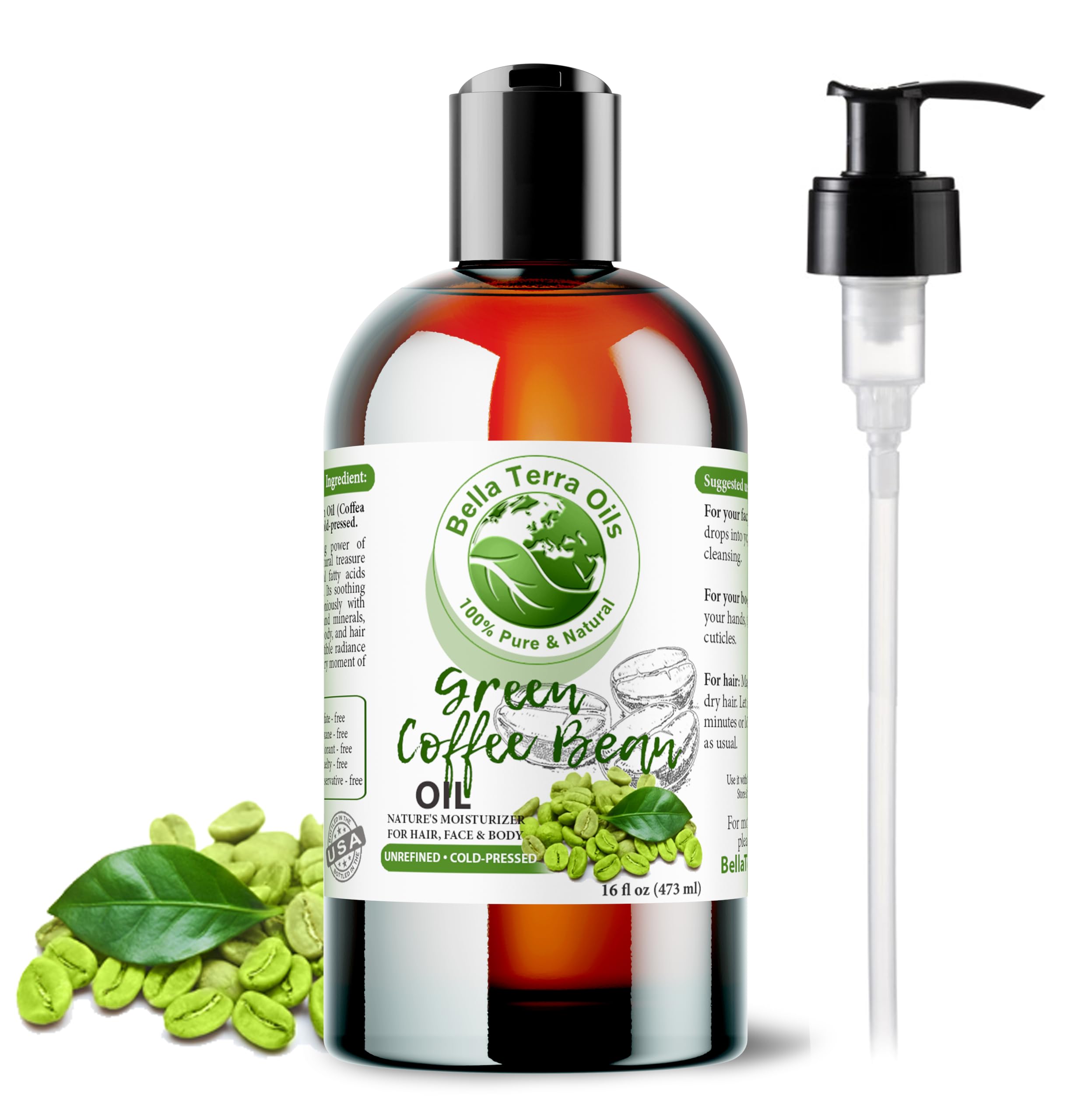 Bella Terra Oils Green Coffee Bean Oil, 16oz – Purity, Vitamins, Hydration for Radiant Skin