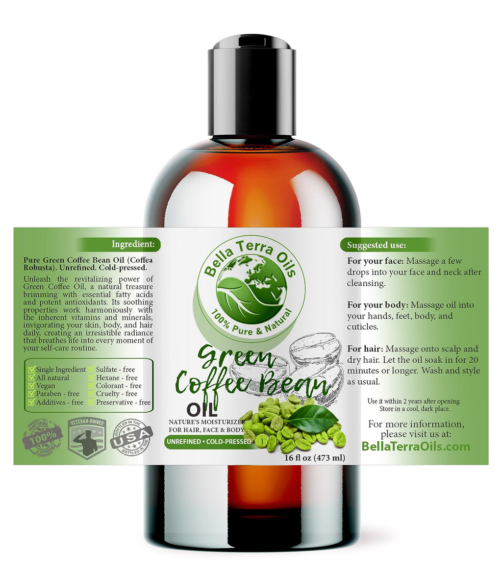 Bella Terra Oils Green Coffee Bean Oil, 16oz – Purity, Vitamins, Hydration for Radiant Skin