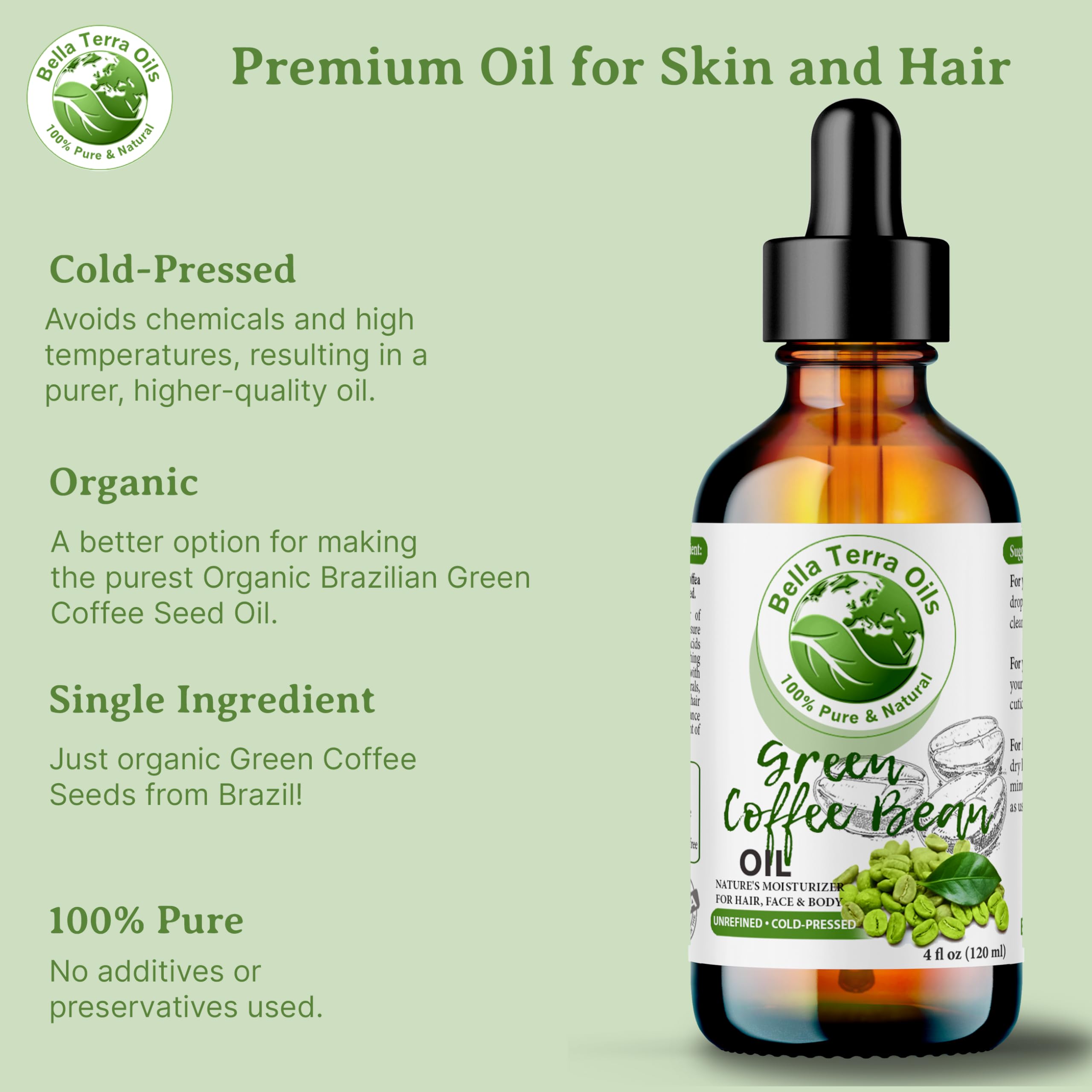 Bella Terra Oils Green Coffee Bean Oil, 16oz – Purity, Vitamins, Hydration for Radiant Skin