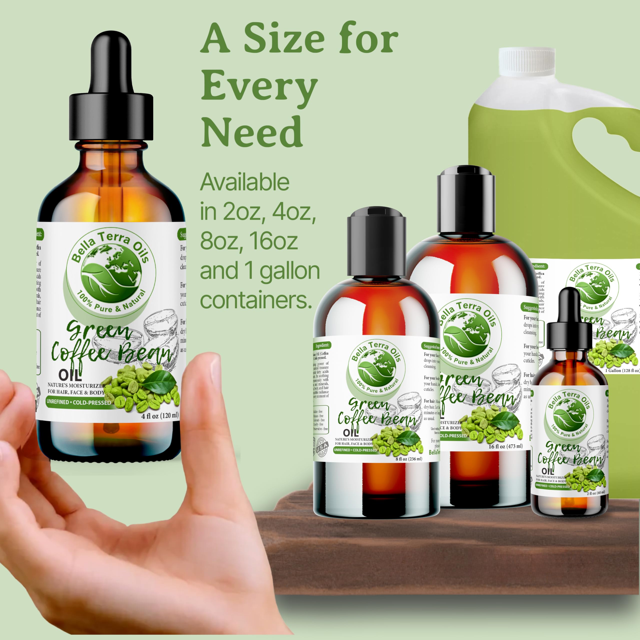 Bella Terra Oils Green Coffee Bean Oil, 16oz – Purity, Vitamins, Hydration for Radiant Skin