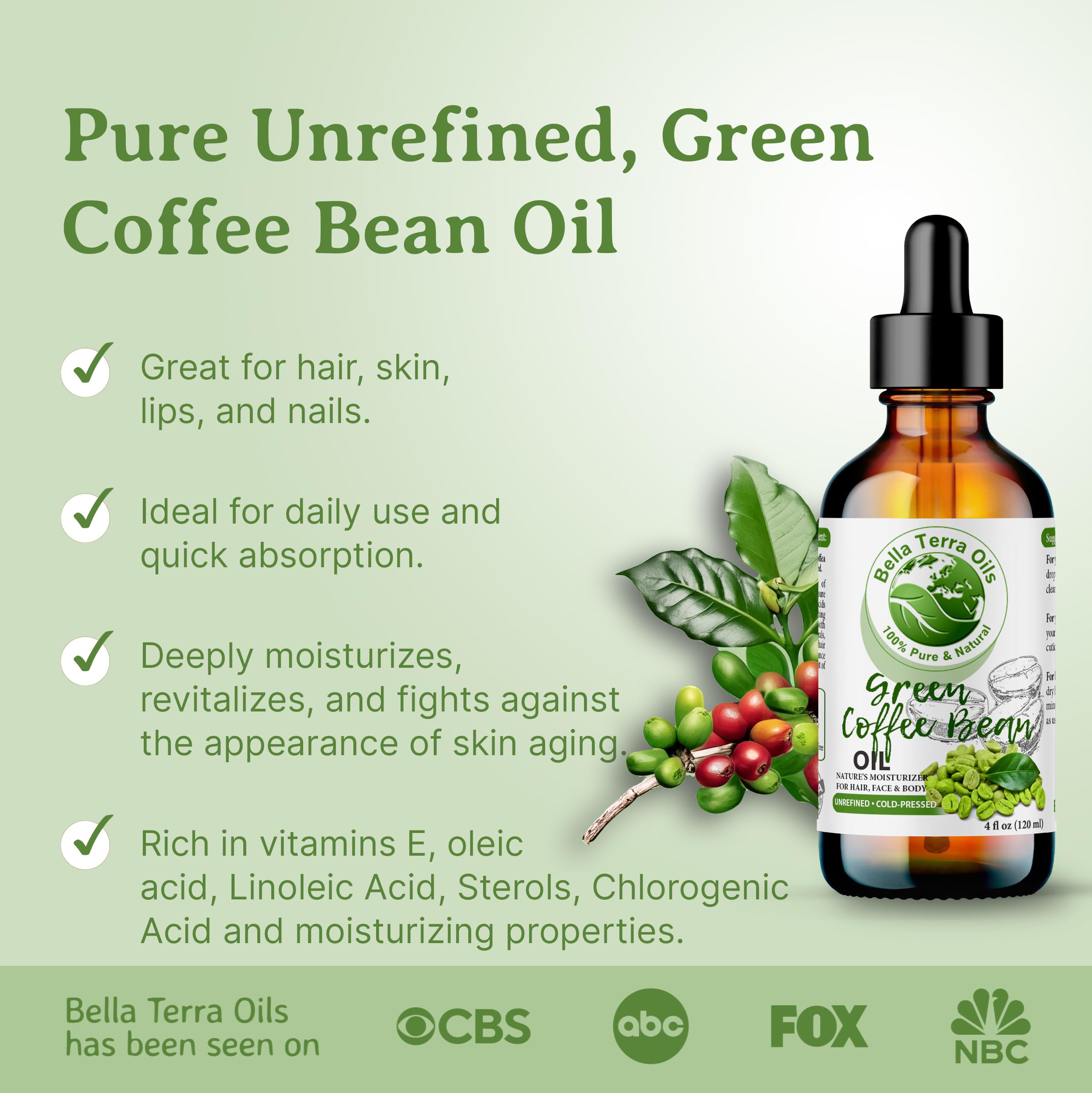 Bella Terra Oils Green Coffee Bean Oil, 16oz – Purity, Vitamins, Hydration for Radiant Skin