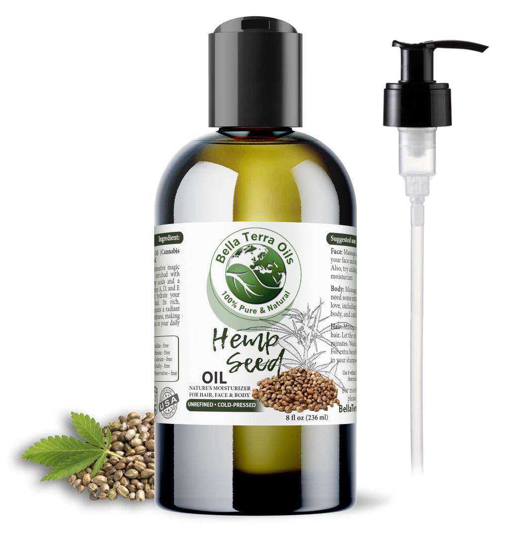 Bella Terra Oils Hemp Seed Oil 8 oz — Cold-Pressed, Pure & Nutrient-Rich