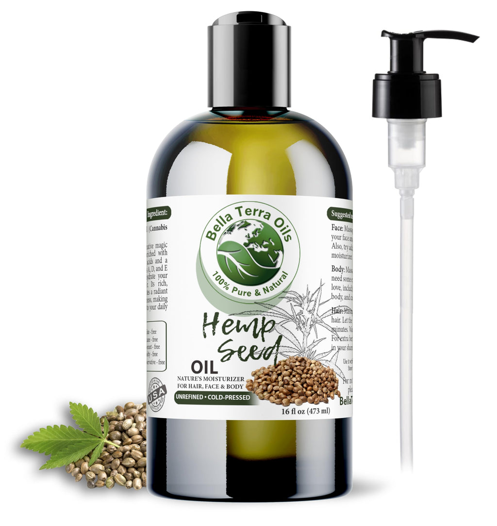 Bella Terra Oils Hemp Seed Oil 16oz – Pure, Cold-Pressed Essential Fatty Acids & Nutrients