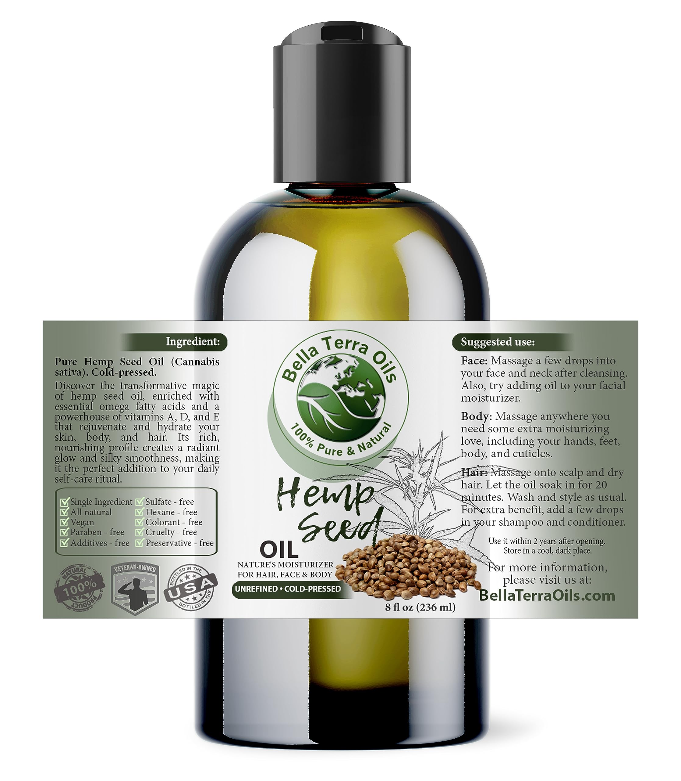 Bella Terra Oils Hemp Seed Oil 8 oz — Cold-Pressed, Pure & Nutrient-Rich