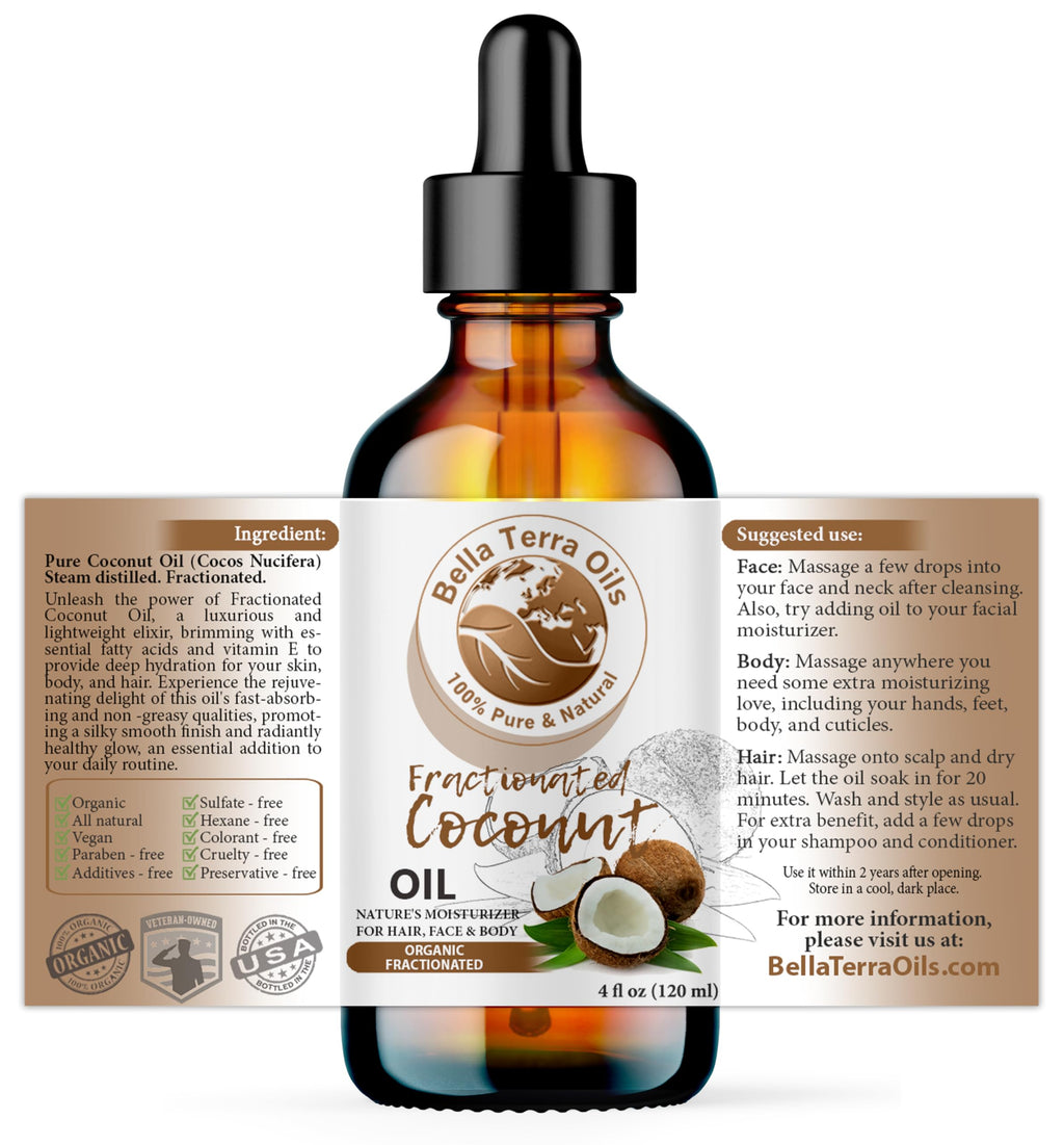 Bella Terra Oils - Organic Fractionated Coconut Oil (MCT) 4oz | Pure Coconut Essence, Rich in Capric & Lauric Acids